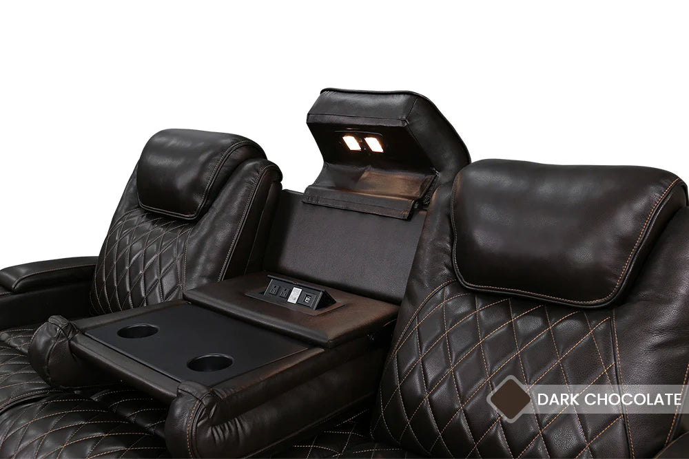 Valencia Oslo 3-Seater Home Theater Recliner Sofa with Drop-Down Center Console in Dark Chocolate - Perfect for Movie Nights & Entertainment Rooms