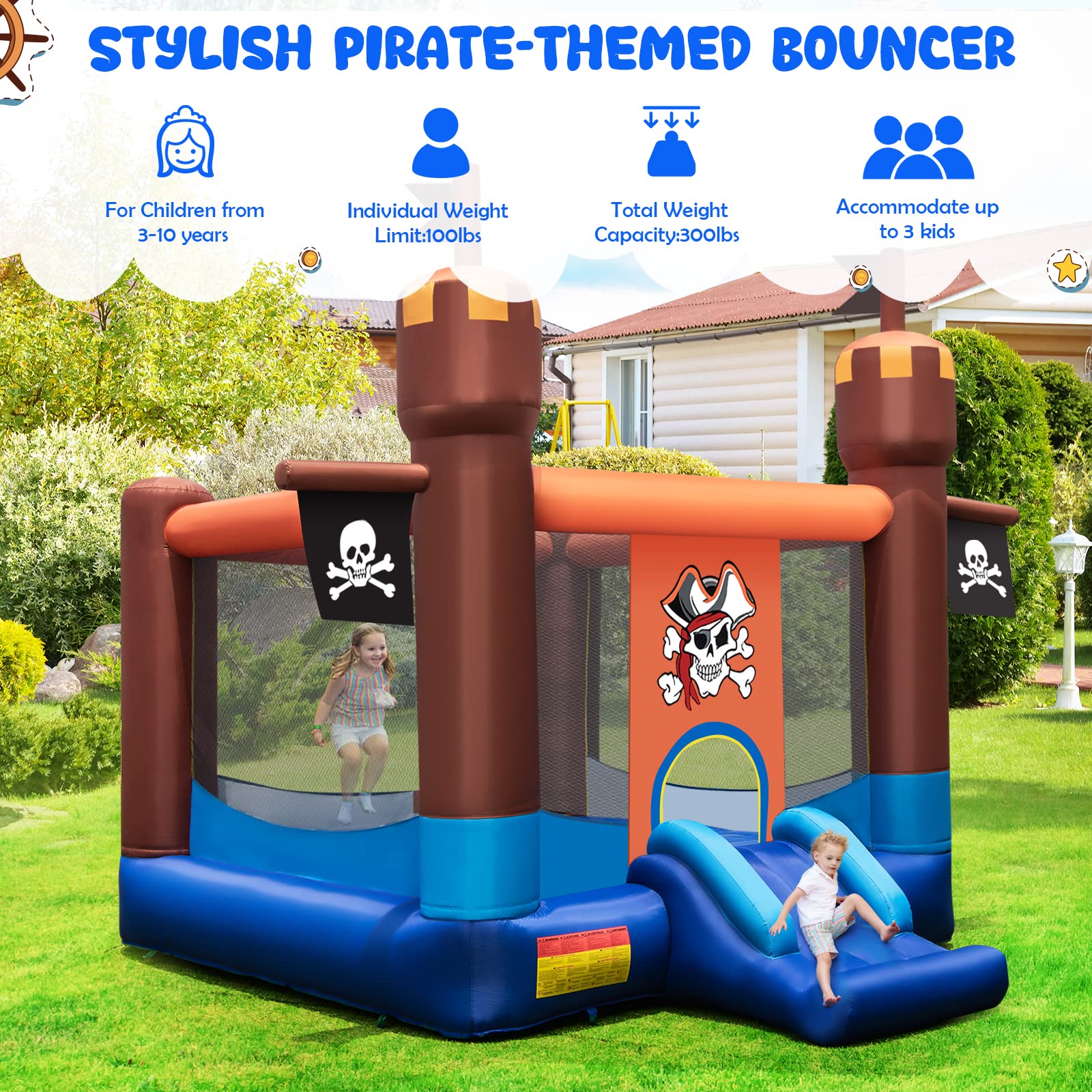 BOUNTECH Pirate Theme Inflatable Bounce Castle for Kids Ages 5-12 - Large Bouncy House with 735W Blower for Indoor & Outdoor Birthday Parties, Backyard Fun, and Toddler Play (Perfect for Birthday Gifts, Summer Events, and Family Gatherings)