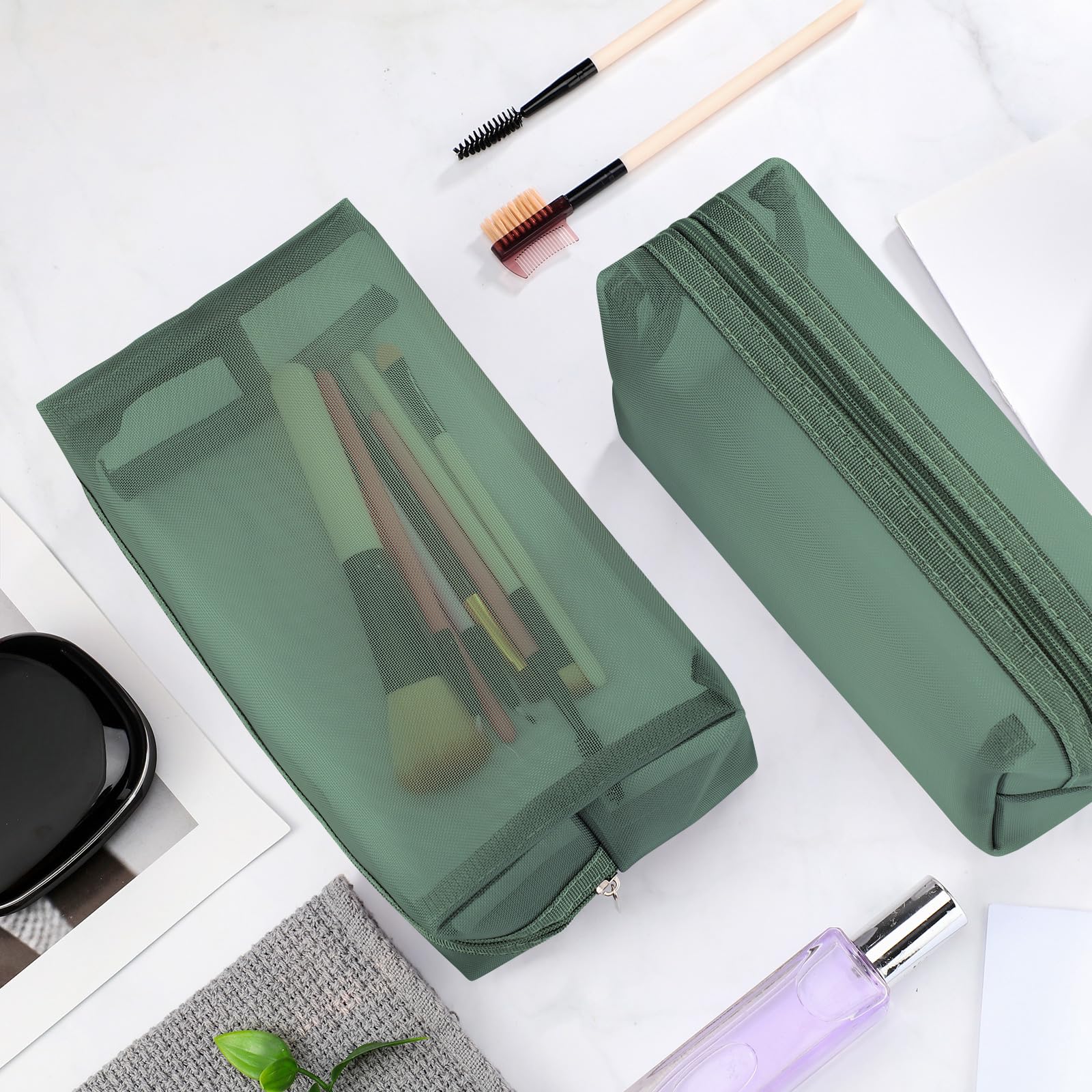 6-Piece Mesh Makeup Bags Set - Breathable Cosmetic Organizer with Zipper for Travel, Home & Office - Portable Toiletry Pouches for Makeup Brushes & Accessories (Green) - Perfect for Gym, Vacation & Daily Organization