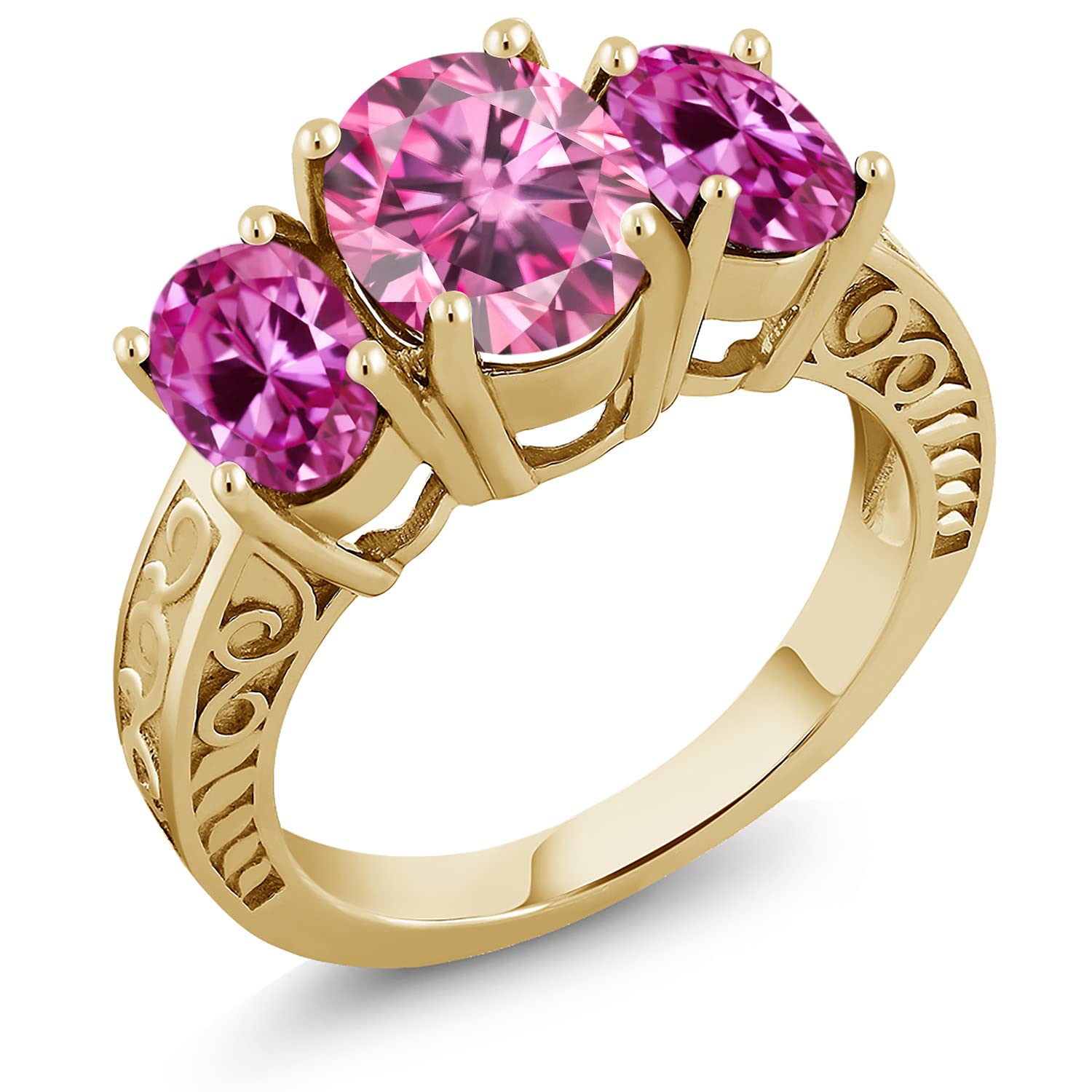 Gem Stone King 18K Yellow Gold Plated Silver 3-Stone Ring with Oval Pink Moissanite & Created Sapphire (3.80 CTTW) - Elegant Jewelry for Engagement, Anniversary & Special Occasions
