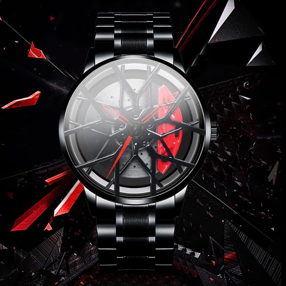 Men's Waterproof Stainless Steel Japanese Quartz Wrist Watch - Car Rim Hub Design Sports Watch for Running, Driving & Outdoor Activities