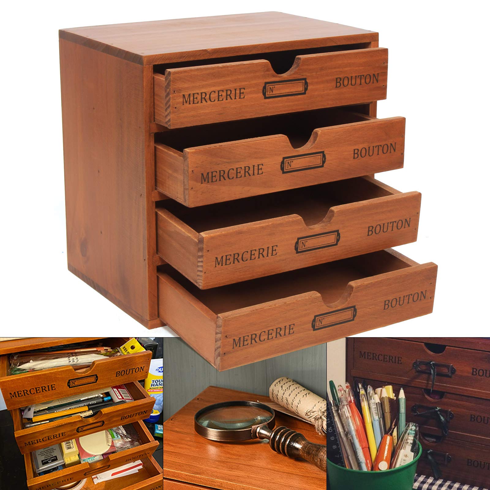 Antique Wooden Storage Box with 4 Drawers - Vintage Apothecary Cabinet for Jewelry, Crafts & Office Supplies | Perfect for Home Office, Craft Room & Jewelry Organization