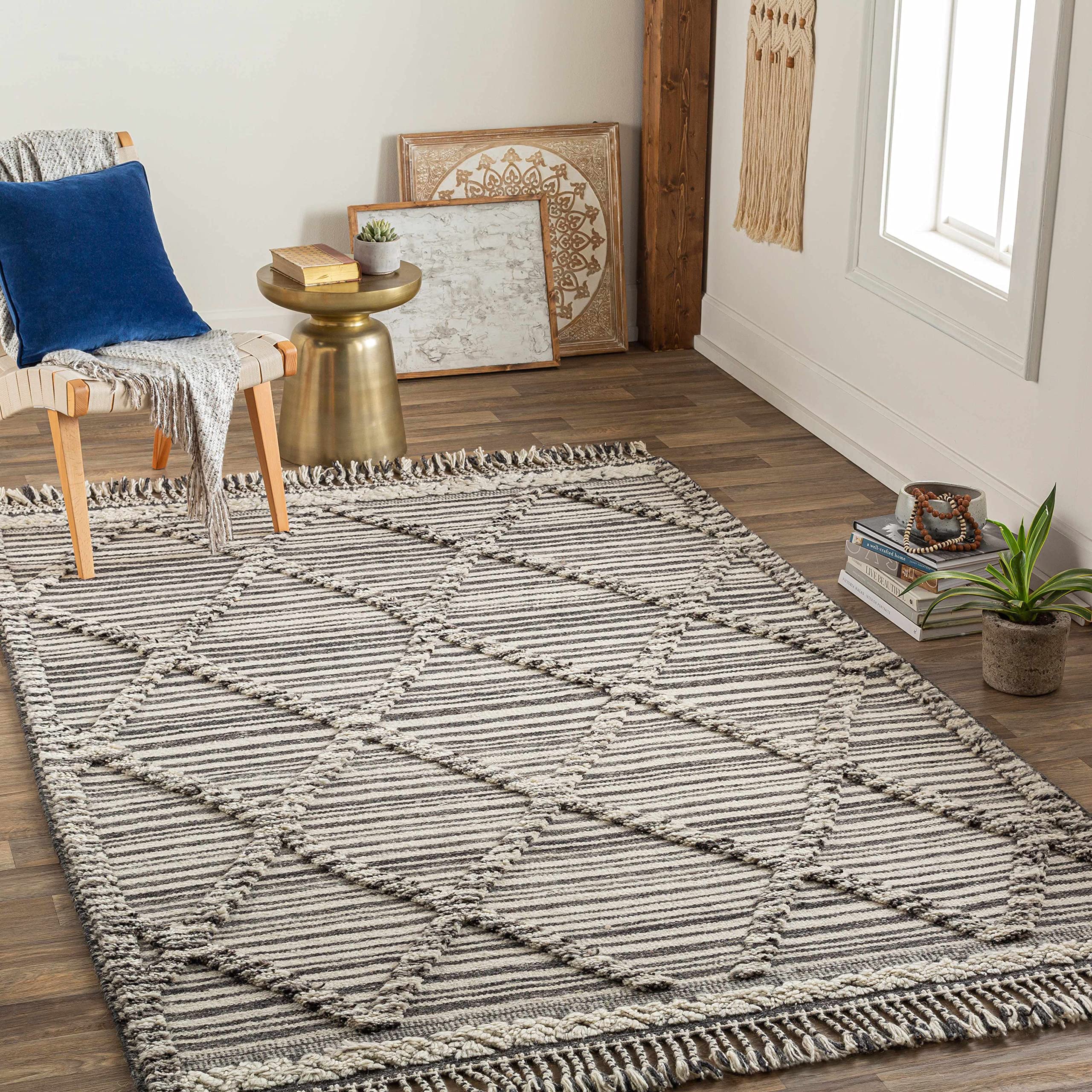 Hauteloom Nairobi Wool Area Rug 2' x 3' - Bohemian Transitional High Pile Rug for Living Room & Bedroom - Soft Ivory Black Gray Wool Carpet - Perfect for Cozy Home Decor & Boho Chic Style