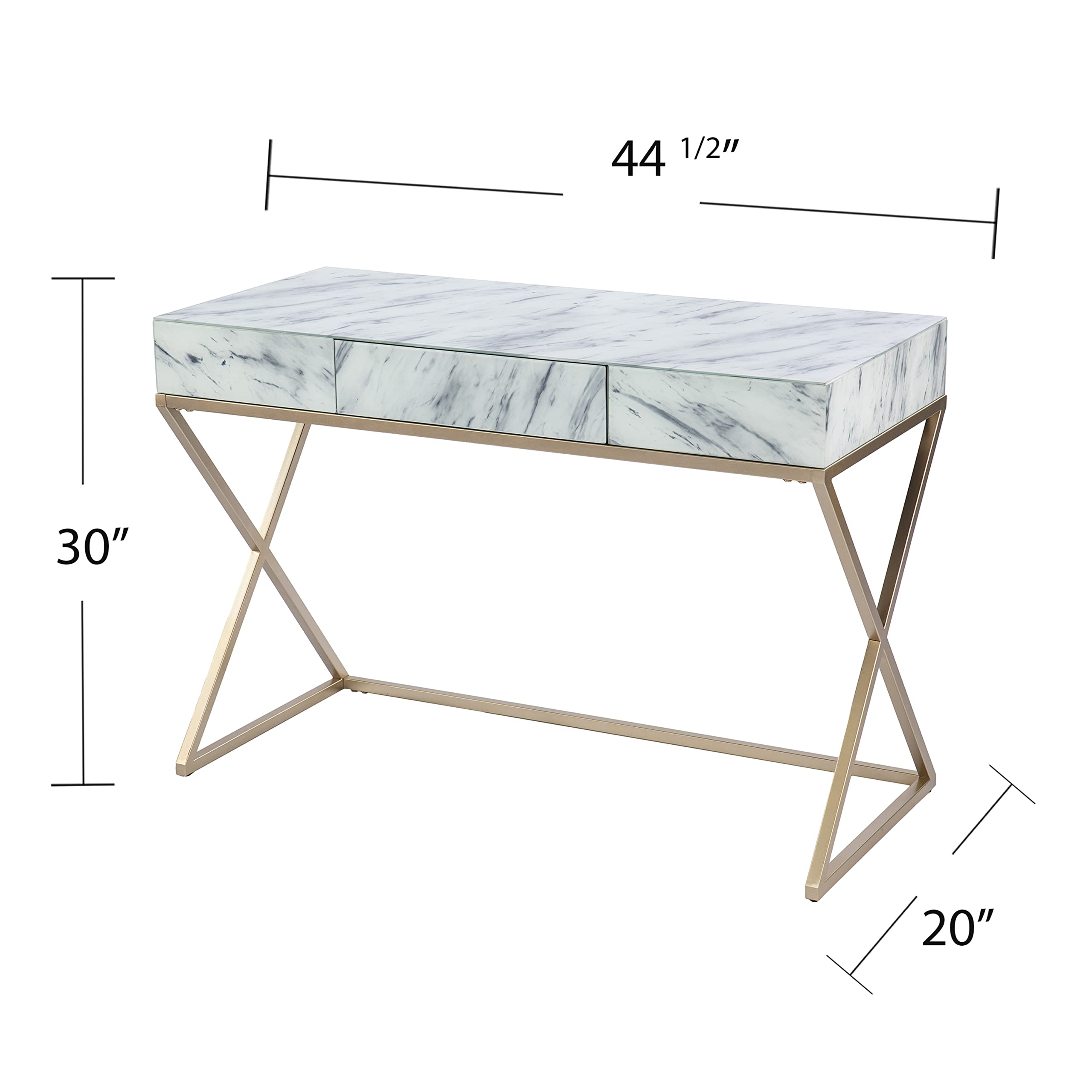 SEI Furniture Kamblemore White Faux Marble Writing Desk with Storage Drawers - Modern Home Office Desk for Small Spaces, Study & Workstation