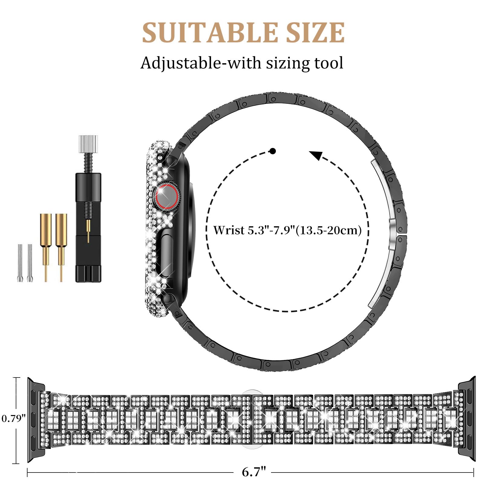 Sparkling Luxury Diamond Apple Watch Band for Women - Compatible with iWatch SE Series 10/9/8/7/6/5/4 & 40/41/42/44/45/46mm Models - Shiny Metal Case with Full Diamond Cover Set - Elegant Fashion Accessory for Daily Wear, Workouts & Special Occasions