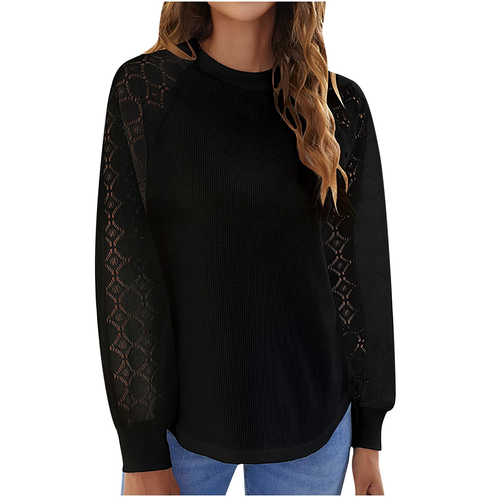 Women's Fashion Crewneck Pullover Blouse - Waffle Lace Long Sleeve Casual Top for Autumn & Winter | Perfect for Office Wear, Date Night & Holiday Outfits