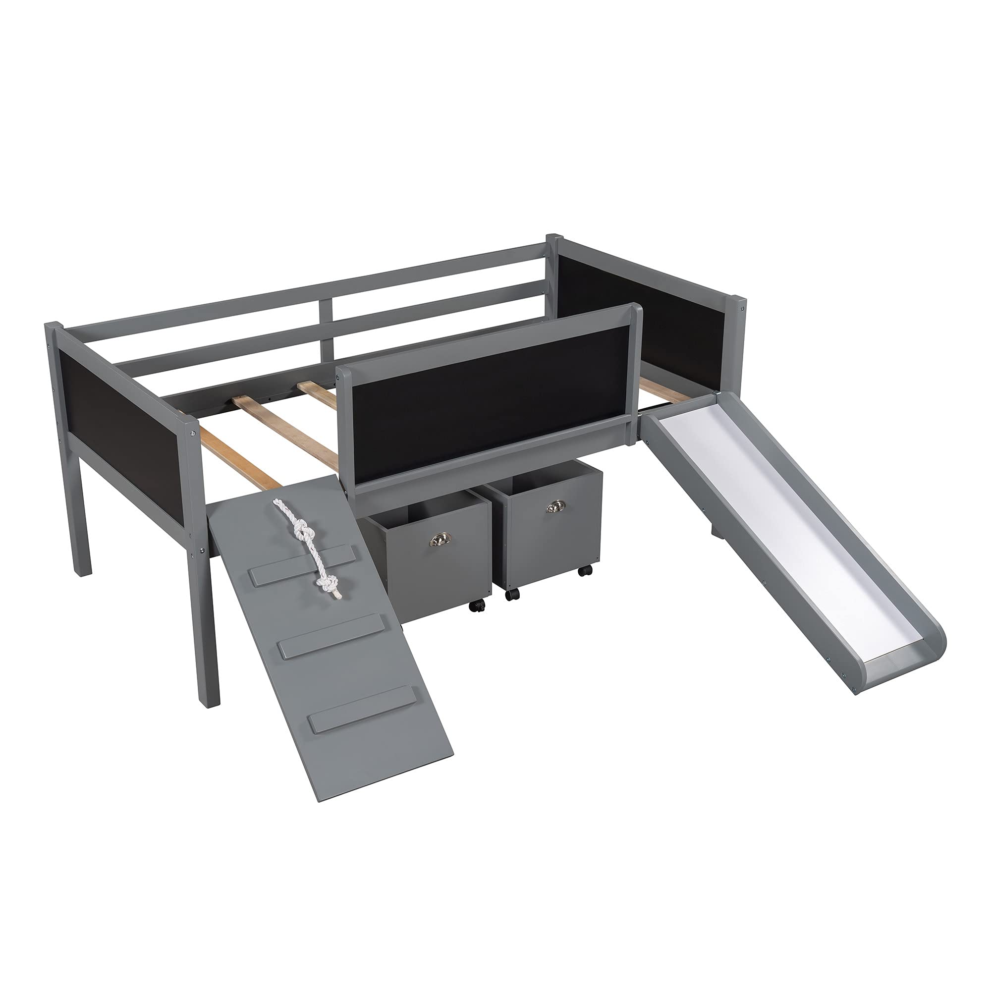 **Kids Twin Loft Bed with Slide & Climbing Frame - Wooden Low Loft Bed with Storage Boxes & Chalkboard - Multi-Functional Open Design for Toddlers & Children (Gray) - Perfect for Small Bedrooms, Playrooms & Shared Kids' Spaces**