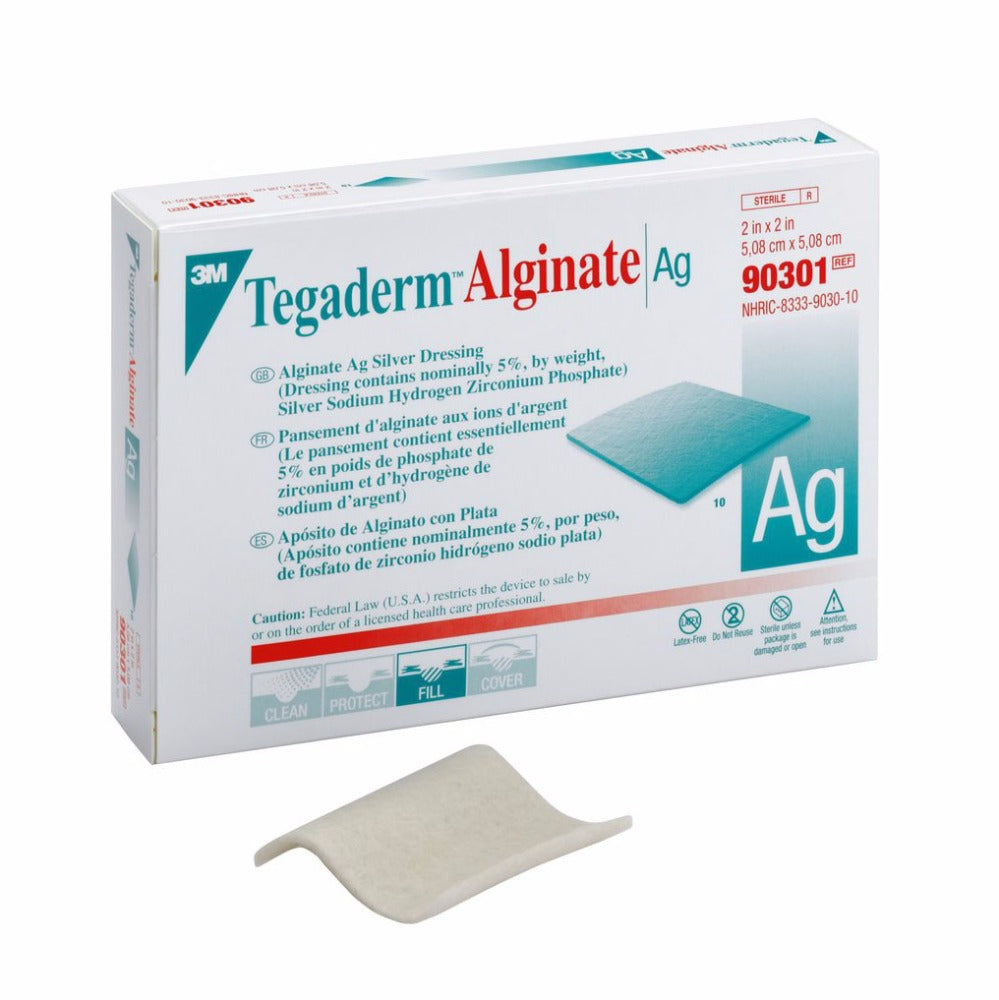3M Tegaderm 90301 Silver Antimicrobial Calcium Alginate Wound Dressing - Box of 10 | For Diabetic Ulcers, Pressure Sores & Surgical Wounds | First Aid & Burn Care Essential