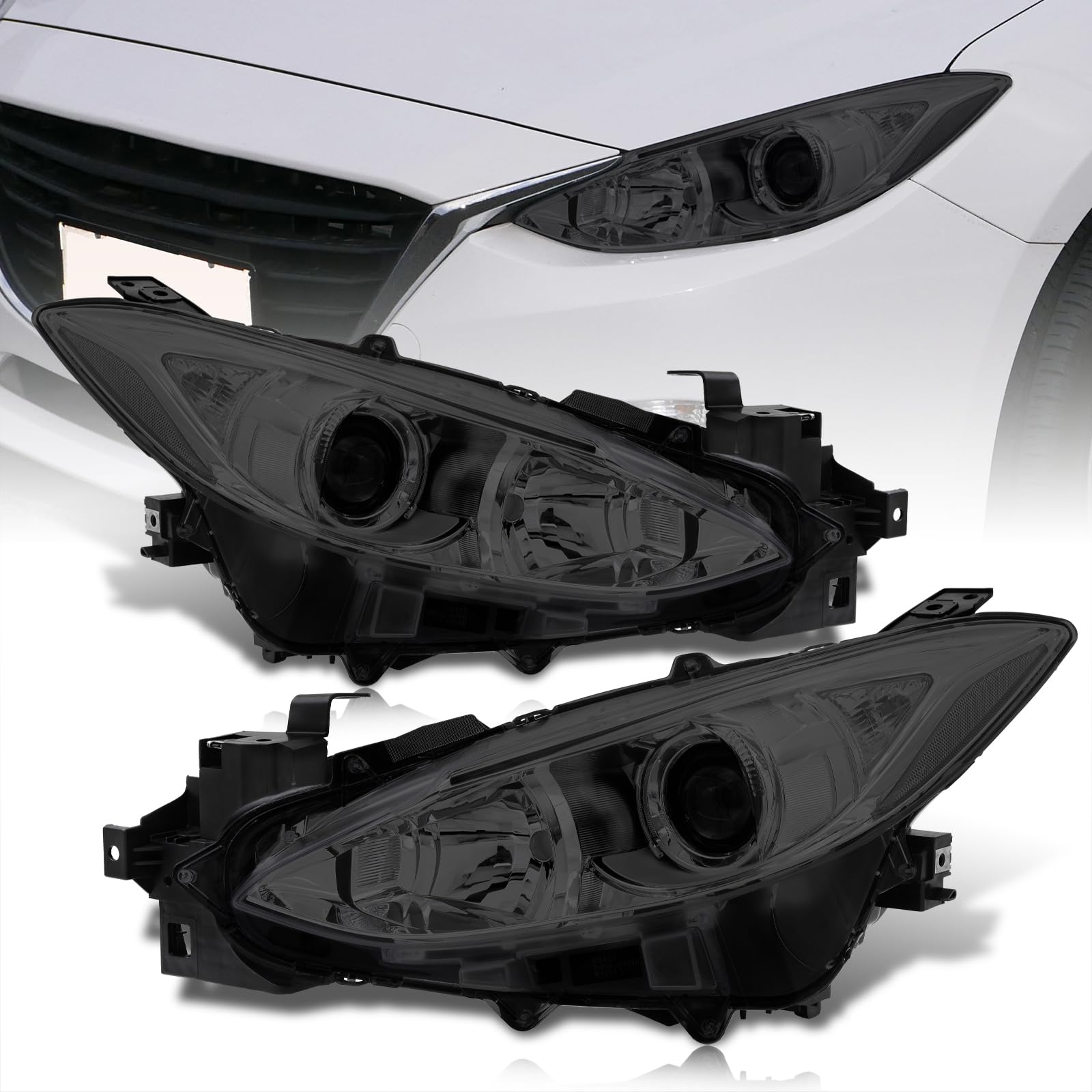 AJP Distributors Smoke Lens Chrome Housing Halogen Headlights & Clear Signal Projector Bumper Lamps Assembly Set - Compatible with Mazda 3 Sedan/Hatchback 2014-2016 | Enhanced Night Driving & Style Upgrade for Mazda 3 Owners