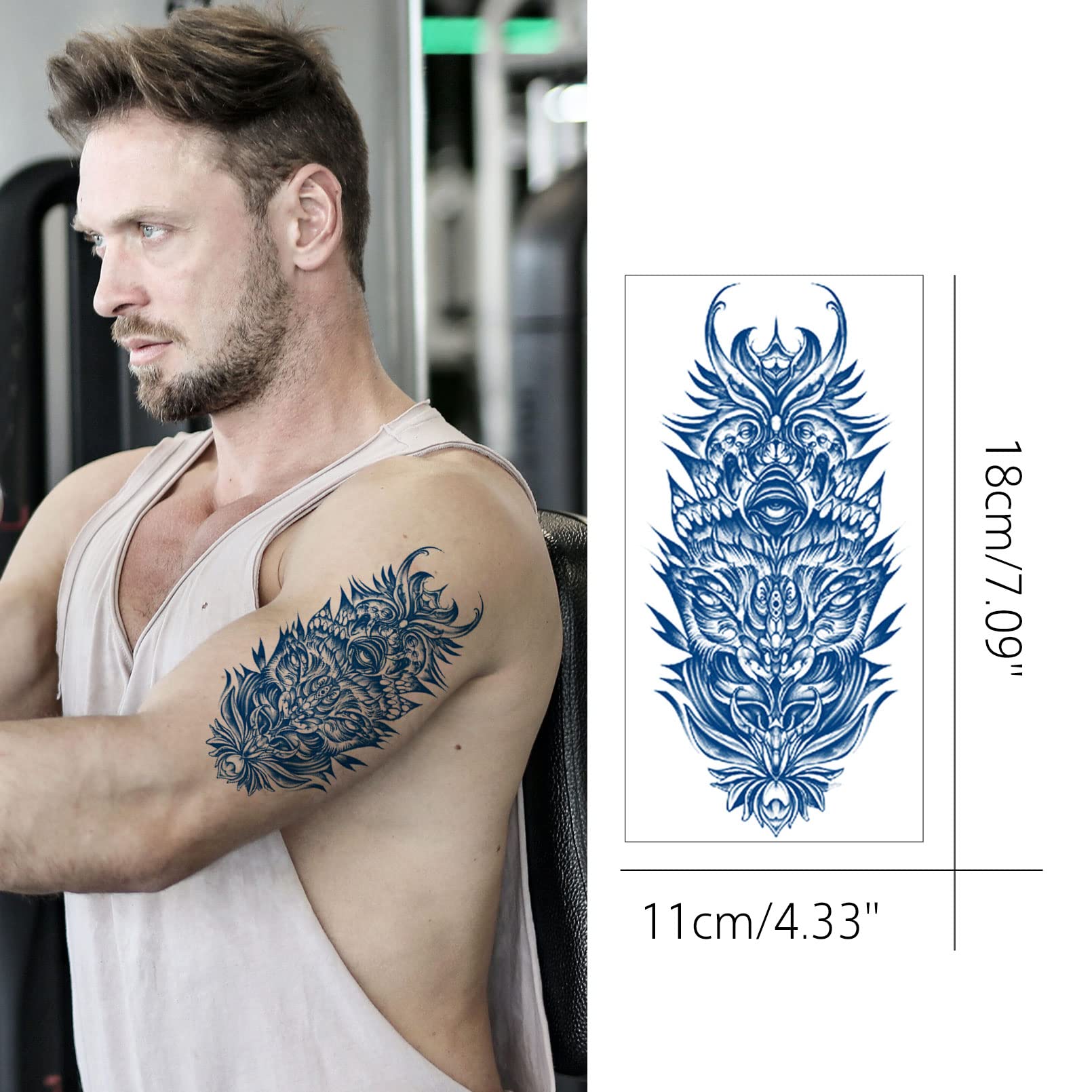 Realistic Fake Tattoos for Men & Teen Boys - Waterproof Semi-Permanent Tattoo Stickers Last 1-2 Weeks - Blue Design Looks Like Real Tattoo - Perfect for Parties, Halloween, Cosplay & Temporary Body Art