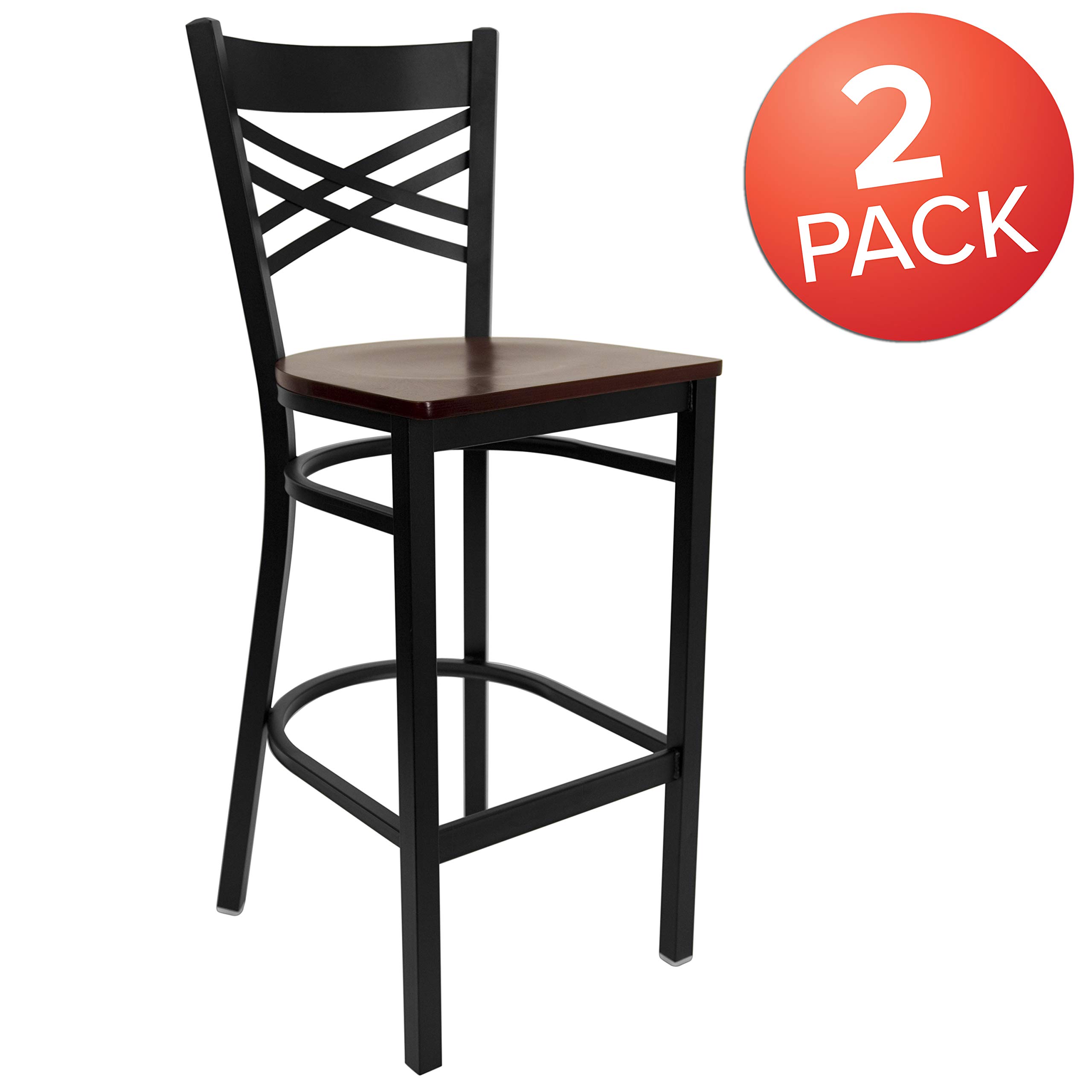 2 Pack Black X-Back Metal Bar Stools with Mahogany Wood Seat - Heavy Duty Counter Height Stools for Kitchen Island, Restaurant, Bar & Home Decor