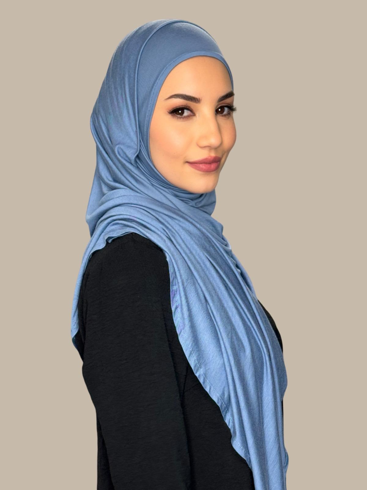 Pre Sewn Jersey Hijab in Blue & Grey - Soft & Comfortable Muslim Headscarf for Daily Wear & Prayer