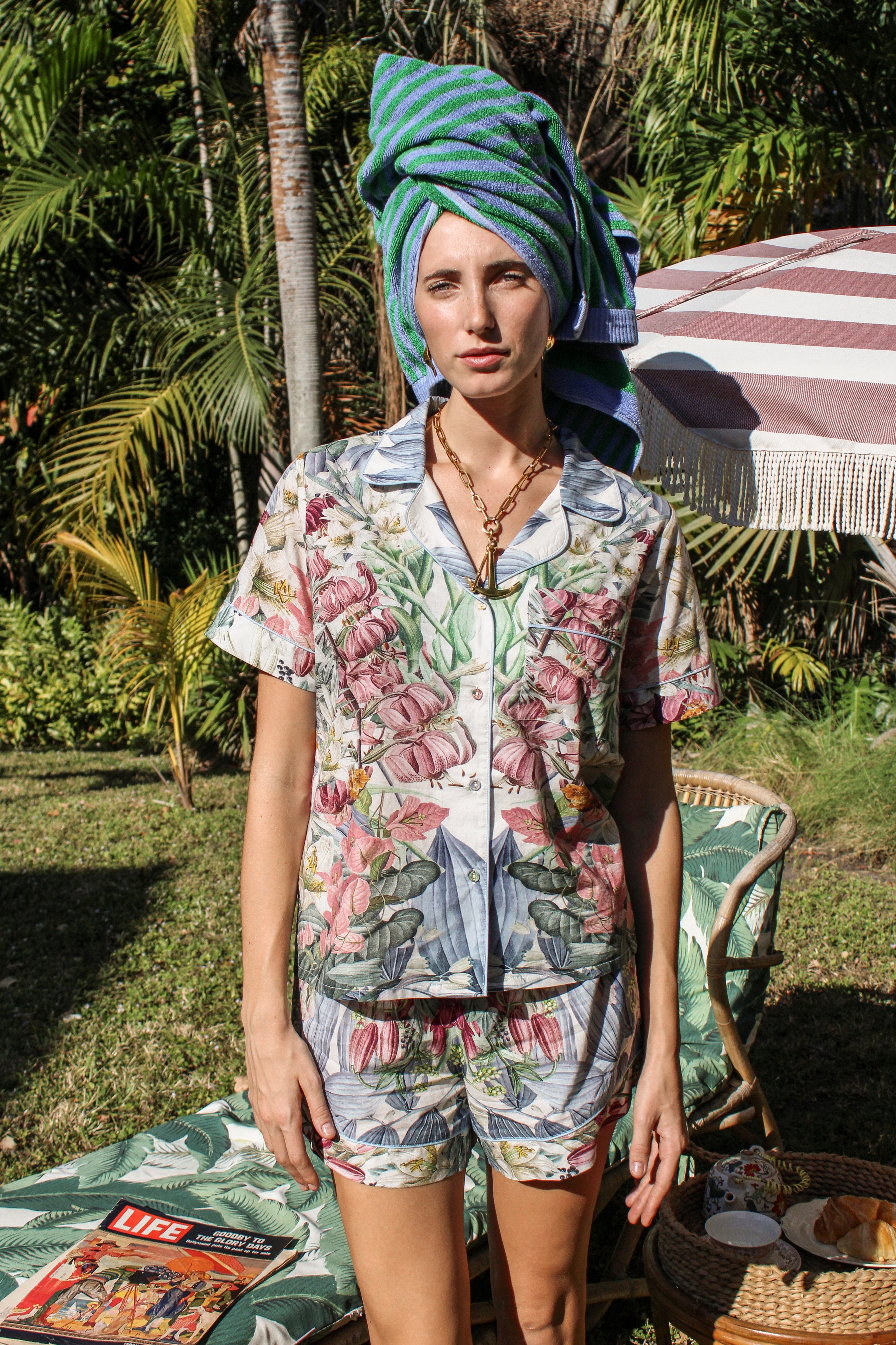 Blue Floral Print Short Sleeve Pajama Set for Women - Soft Cotton Sleepwear for Summer Nights & Lounge Wear