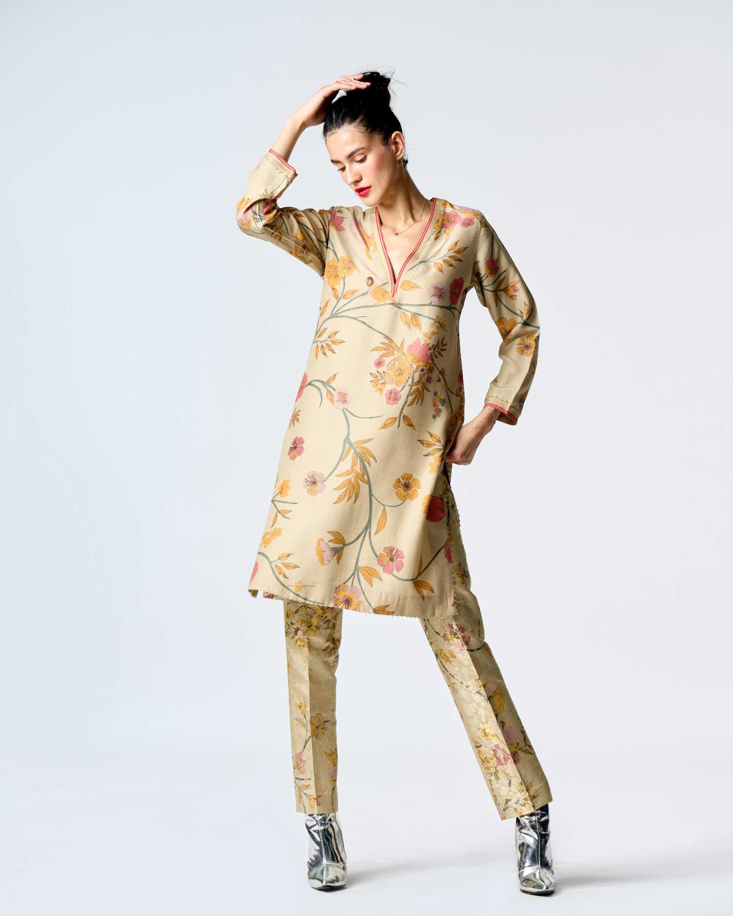 Elegant V Neck Kurta for Women - Premium Muga Satin Silk in Mint Green - Perfect for Festivals, Weddings & Special Occasions