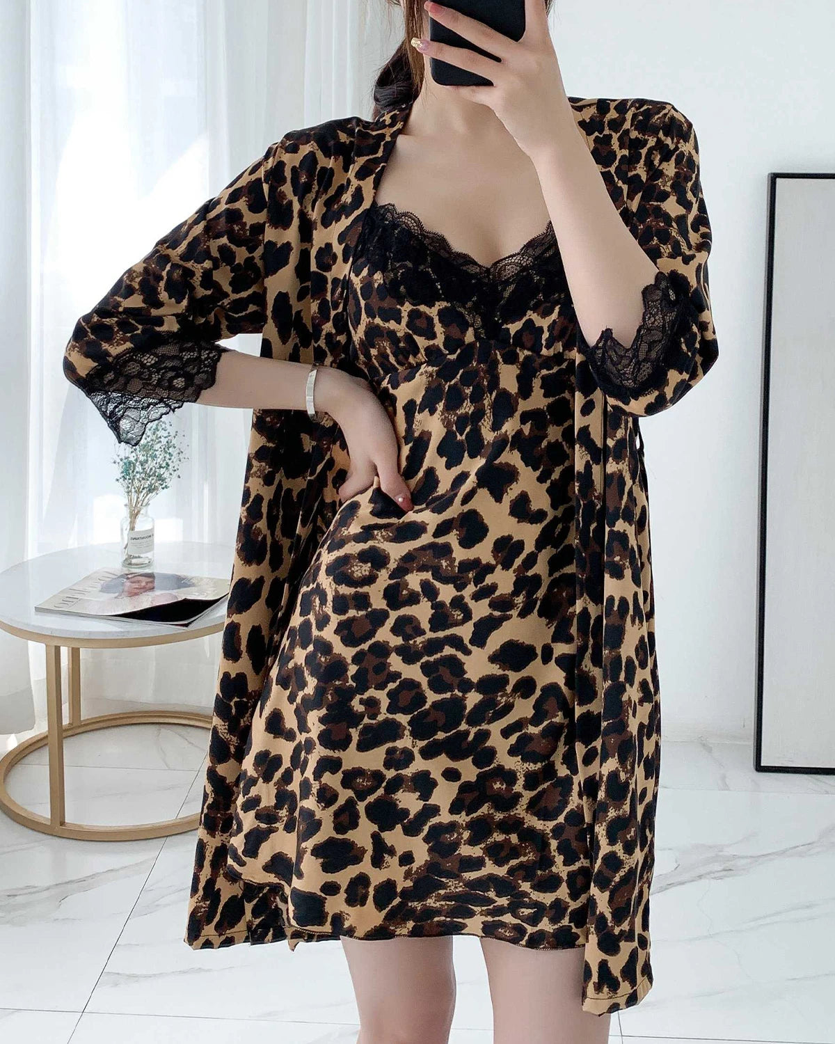 Leopard Print Silk Nightgown and Robe Set - Women's Luxurious Sleepwear for Valentine's Day & Honeymoon