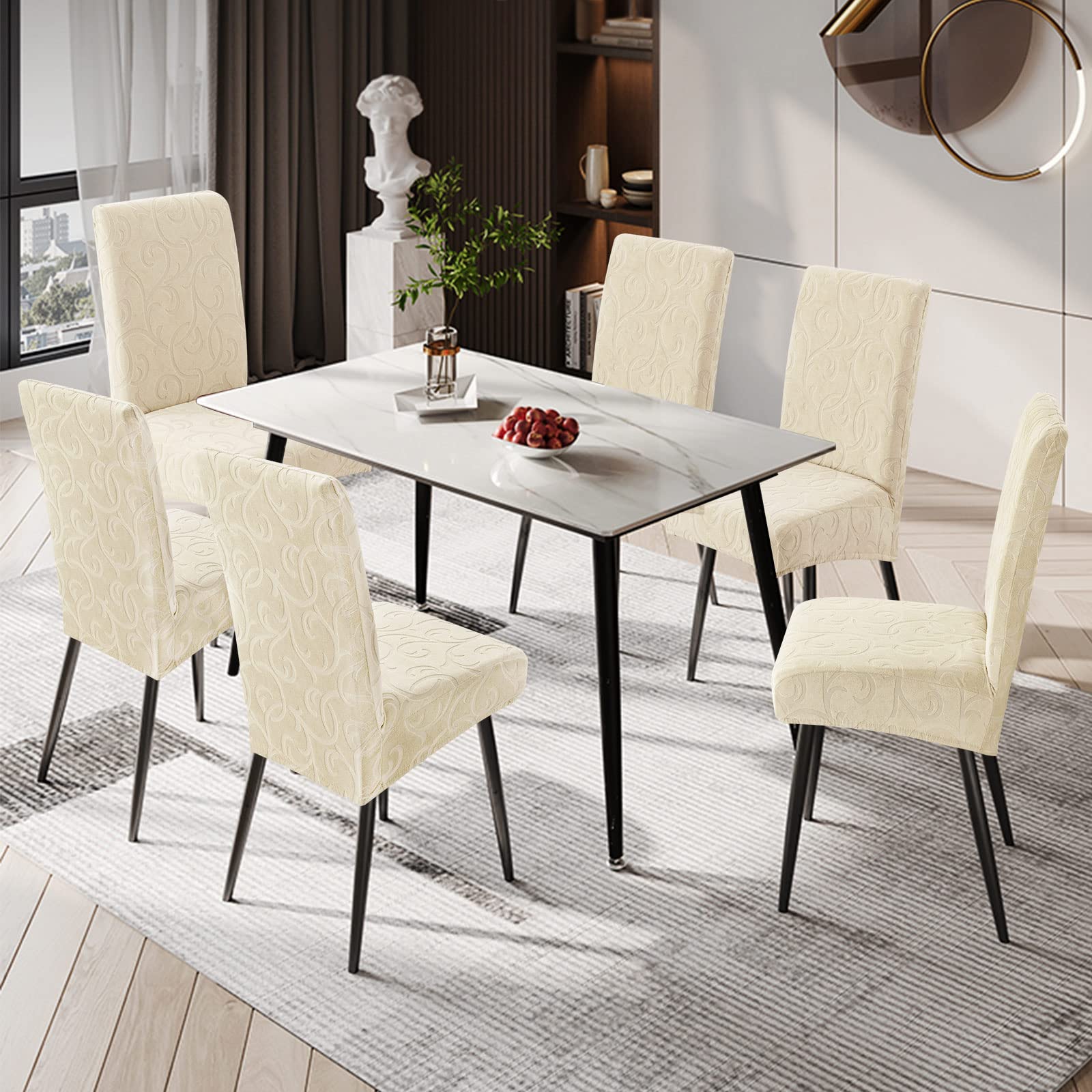 Waterproof Stretch Parsons Chair Slipcovers - 6 Pack Washable Dining Room Chair Covers with Floral Pattern, Beige | Kitchen & Dining Chair Protectors for Home, Restaurant & Outdoor Use