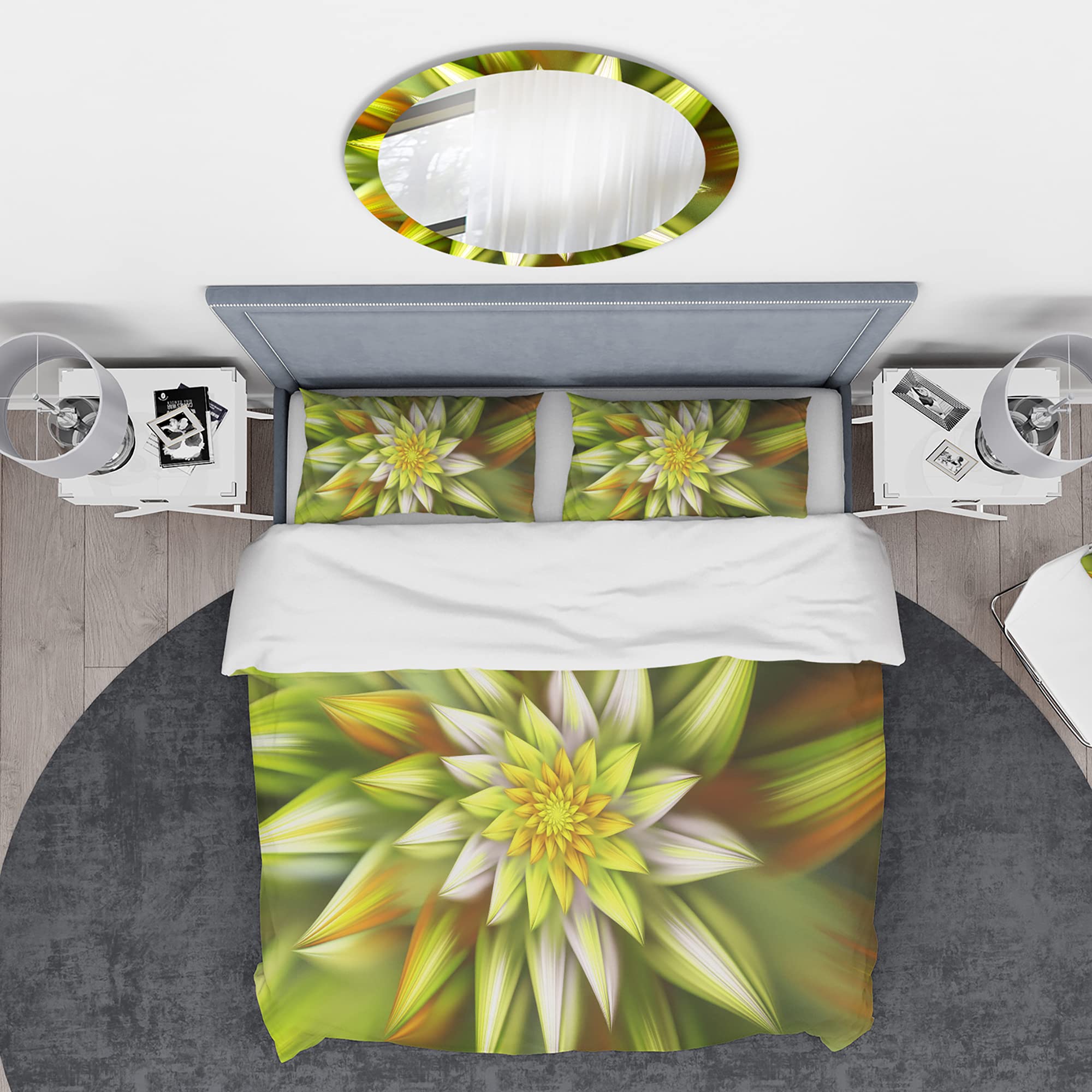 Yellow Fractal Flower Duvet Cover Set King - Modern Floral Bedding for All Seasons