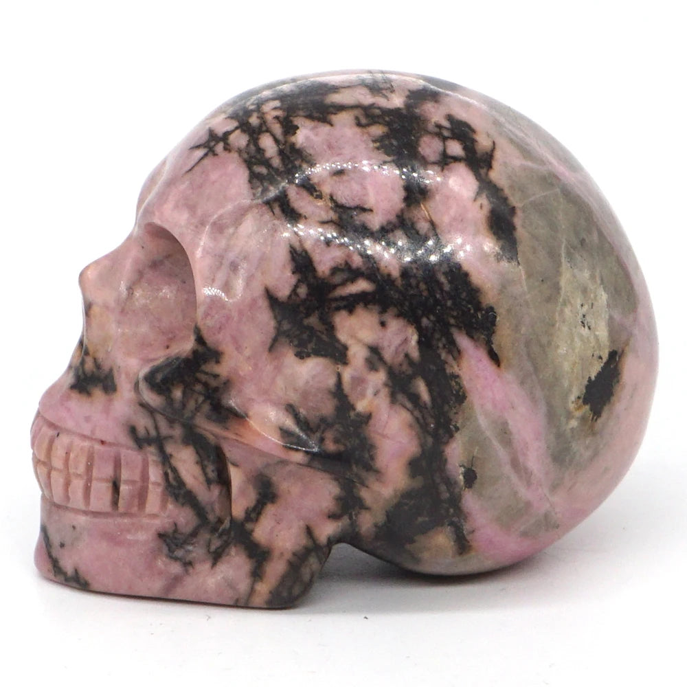 2 Pack Skull Statue - Natural Pink & Black Rhodonite Crystal Carved Figurine, Reiki Healing Stone, Home & Office Decor for Meditation Room, Altar Display, and Spiritual Healing Gifts