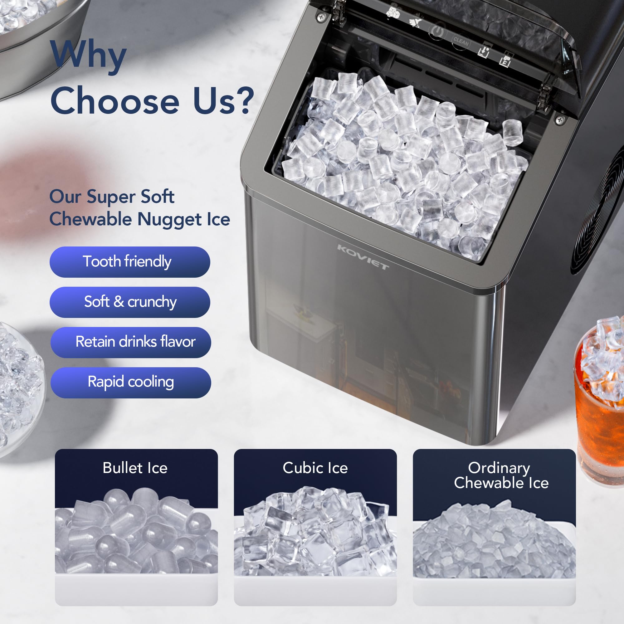 Portable Countertop Nugget Ice Maker – 42lbs/Day Soft Chewable Pebble Ice Machine with Self-Cleaning Drain | Perfect for Home Kitchen, Office, Bars & Parties | Black