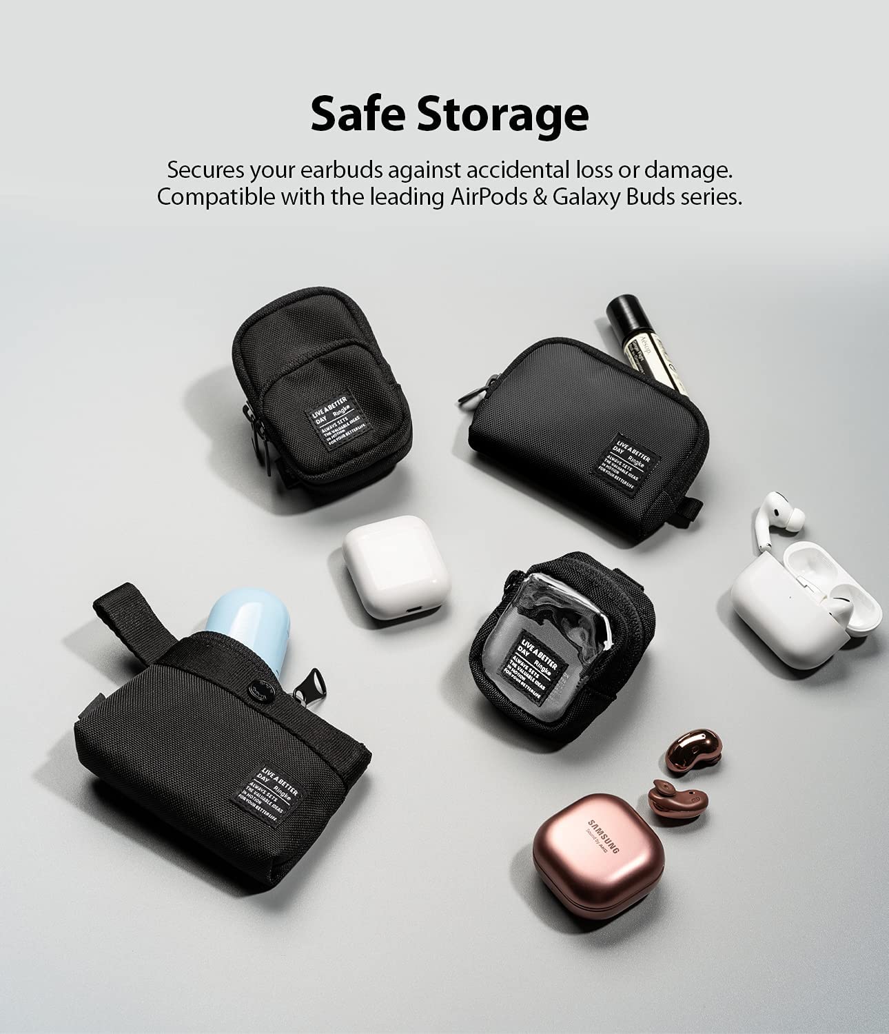 Ringke Mini Pouch [Block] - Premium Nylon Carrying Case for AirPods, Galaxy Buds, Wireless Earbuds, Earphones, Credit Cards & ID (Clear) - Perfect for Travel, Gym & Everyday Organization