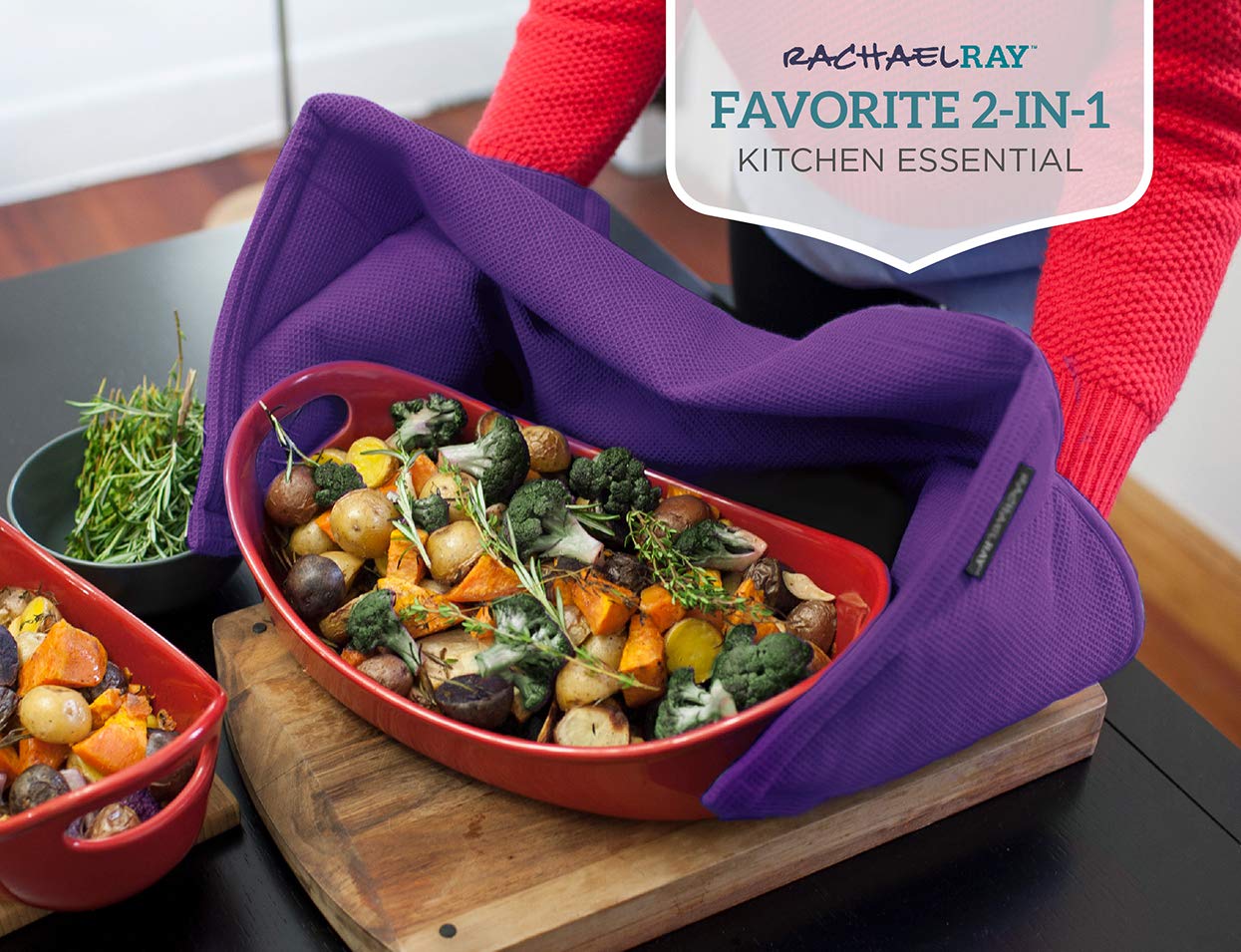 Rachael Ray 2-in-1 Kitchen Towel and Pot Holder Set of 2 - Heat Resistant Pockets for Hot Pans, Absorbent Dish Towels for Drying Dishes & Hands - Lavender - Perfect for Cooking, Baking & Kitchen Cleaning