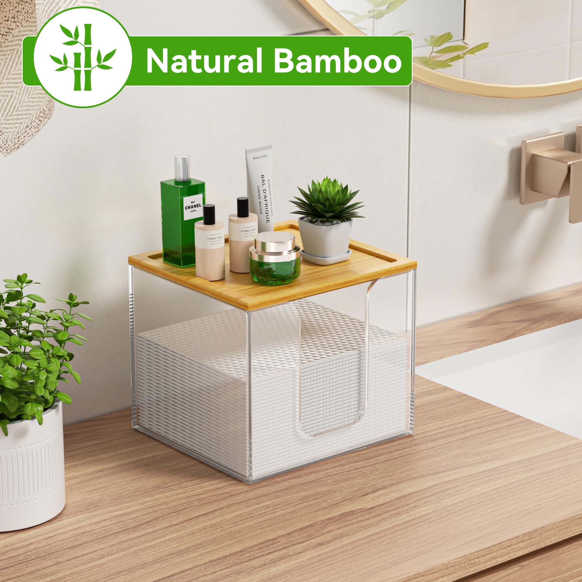 VITVITI Disposable Face Towel Holder Box - Acrylic Facial Tissue Container for XL Clean Skin Club Towels | Large Storage with Bamboo Lid | Perfect for Bathroom Vanity, Makeup Organization & Spa Essentials