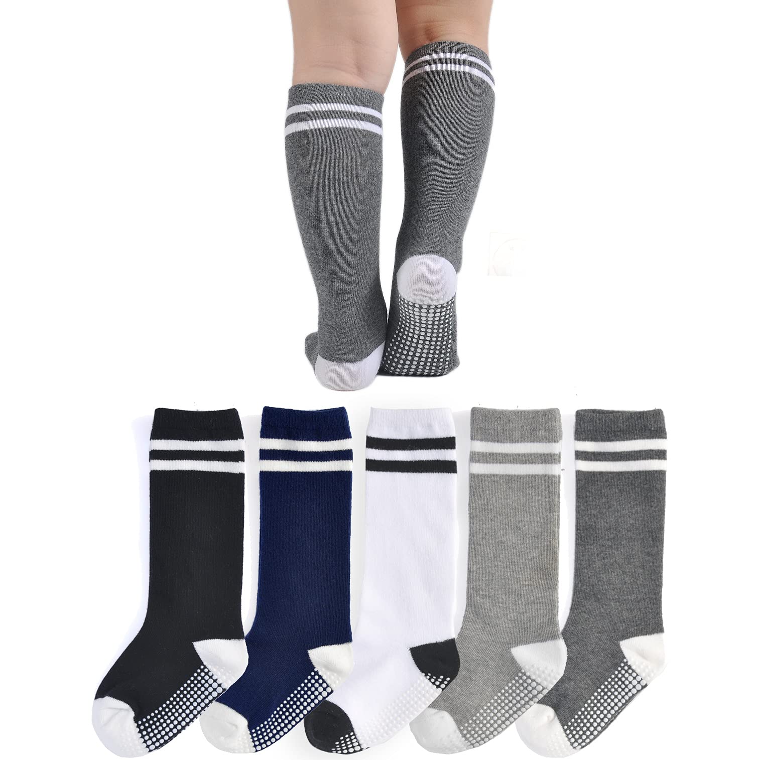 EPEIUS Non-Slip Knee High Socks for Toddlers - 5 Pack Athletic Striped Tube Socks for Boys & Girls - Perfect for Sports, School & Playtime