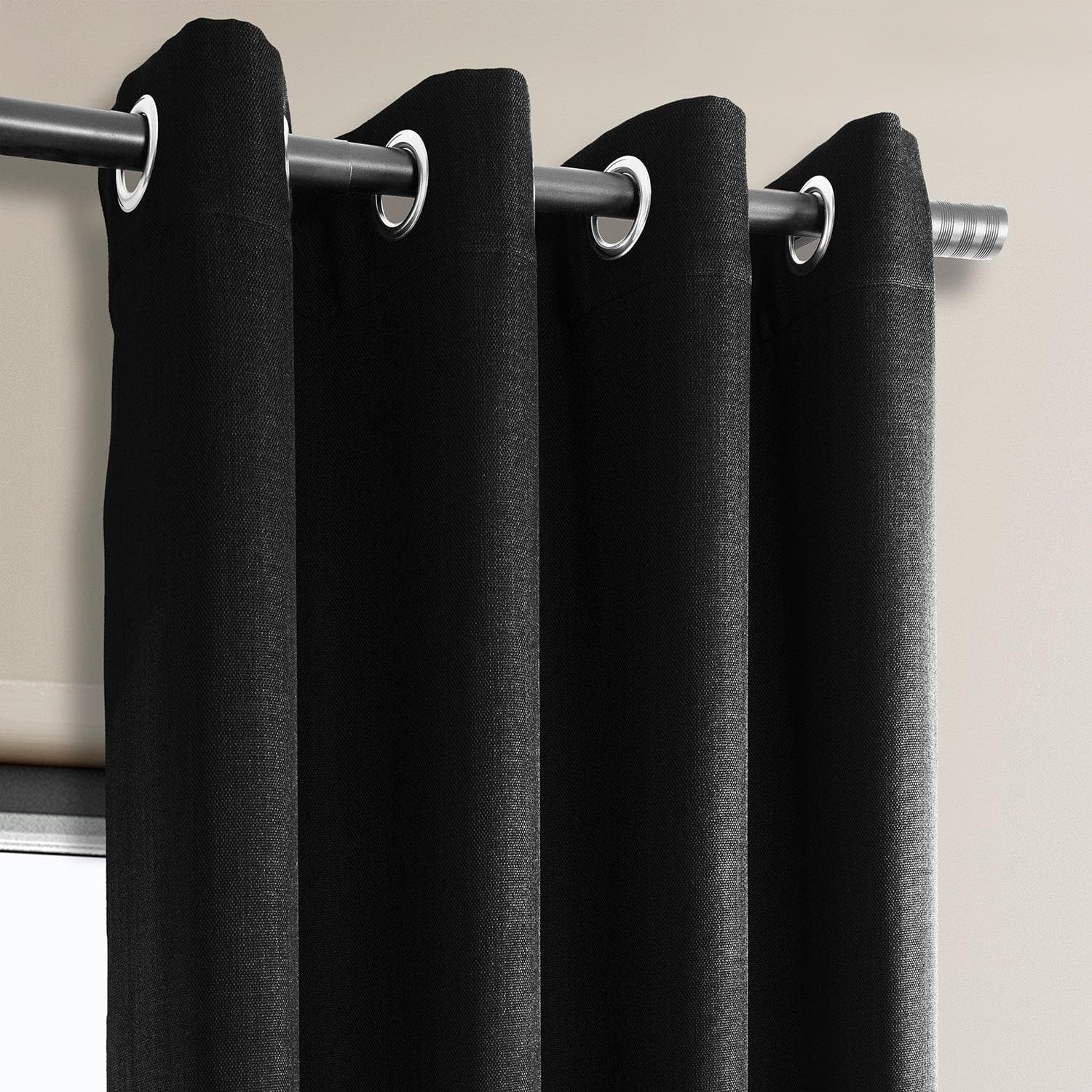 Black Grommet Textured Faux Linen Room Darkening Curtains - Thermal Insulated Window Drapes for Bedroom, Living Room & Home Theater