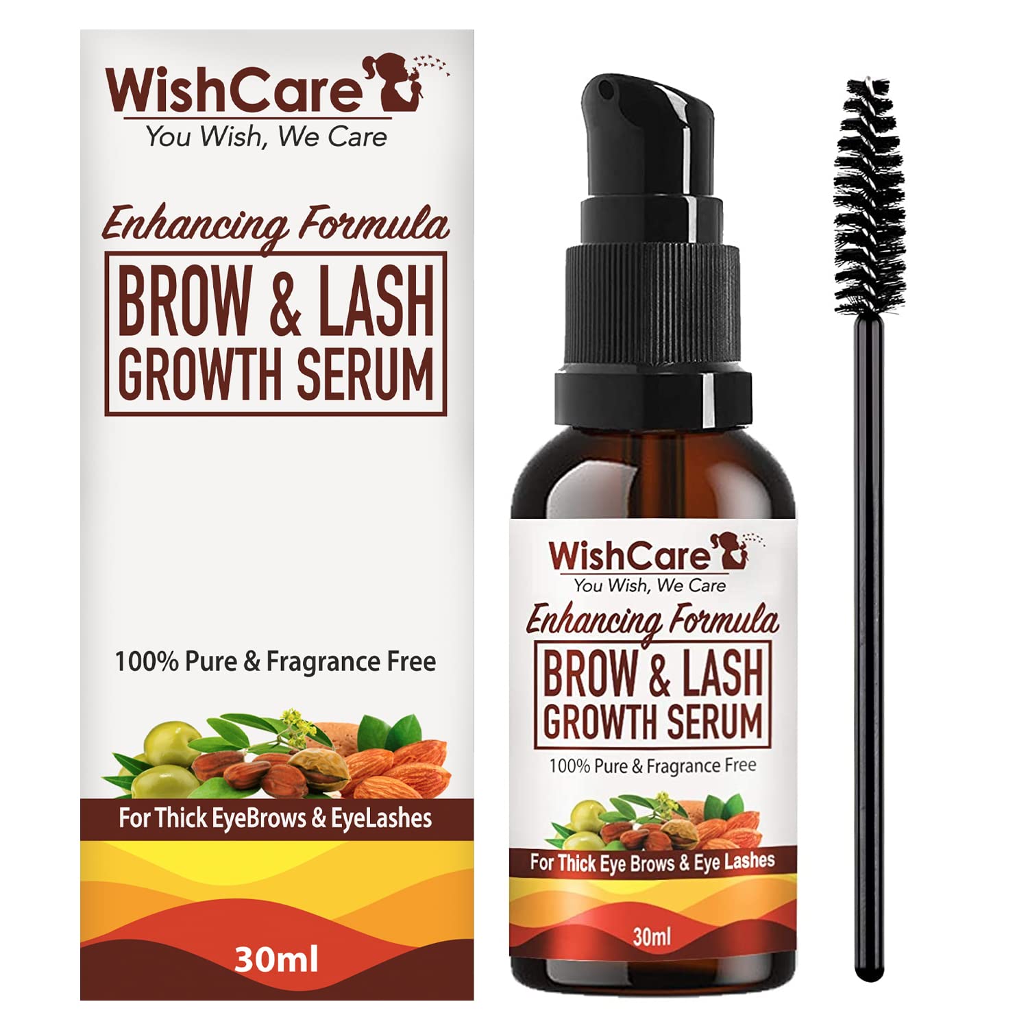 WishCare Brow & Lash Growth Serum with Castor Oil, Almond Oil & Vitamin E - 30ml Natural Eyebrow & Eyelash Enhancer for Thicker, Fuller Lashes & Brows - Perfect for Nighttime Beauty Routine & Daily Use