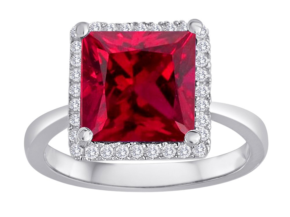 Star K Square Cut Created Ruby Halo Ring in Sterling Silver - Elegant Jewelry for Engagement, Anniversary & Special Occasions