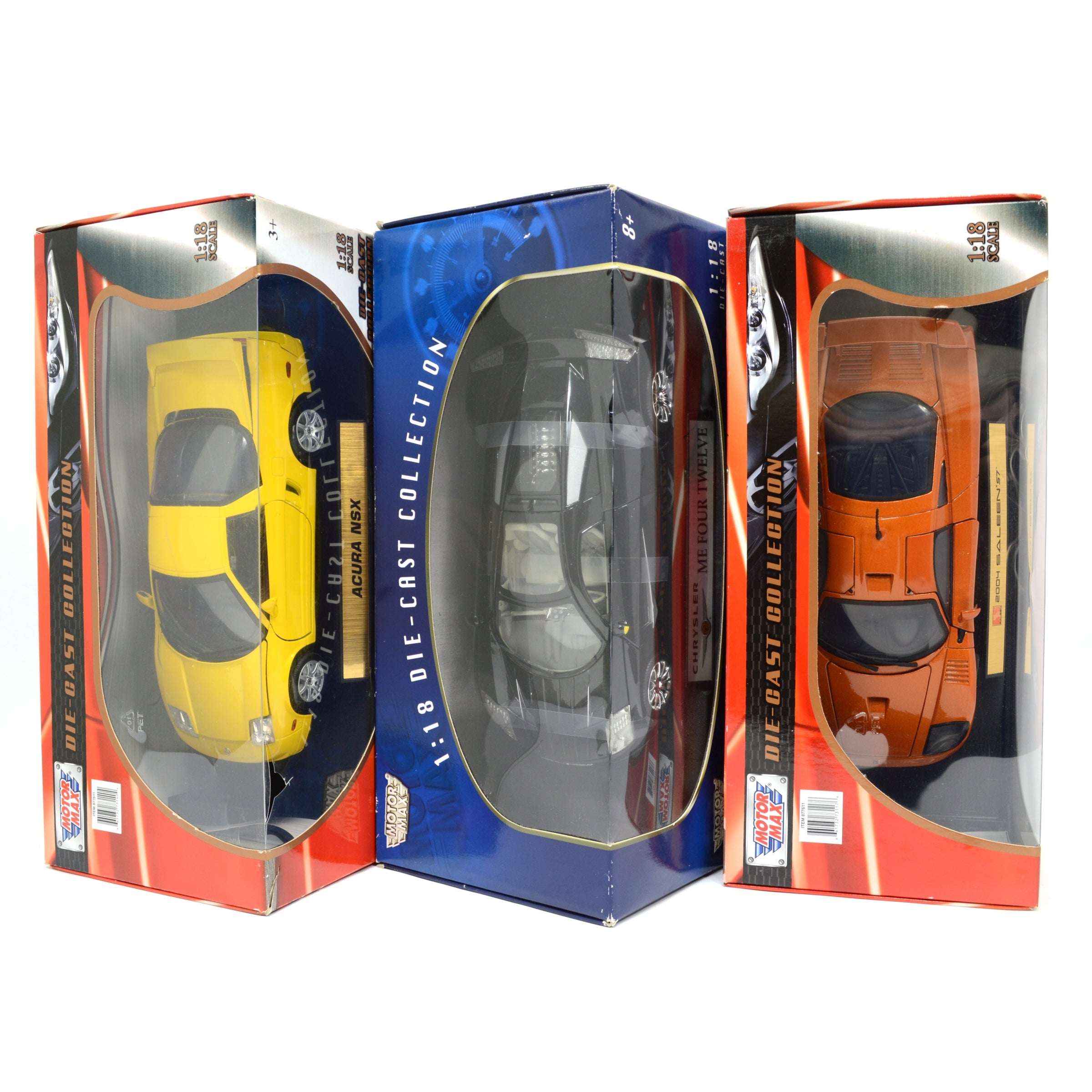 3-Pack MOTOR MAX 1:18 Scale Diecast Car Models - ACURA NSX, Me Four Twelve & SALEEN S7 - Collectible Toy Cars for Display, Gifts & Racing Enthusiasts