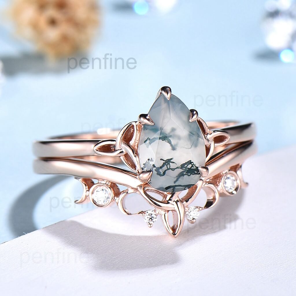 Celtic Knot Norse Viking Pear Moss Agate Engagement Ring Set - Sterling Silver Wedding Band for Women, Handmade Viking Jewelry - Perfect for Proposals, Anniversaries & Celtic-Themed Weddings