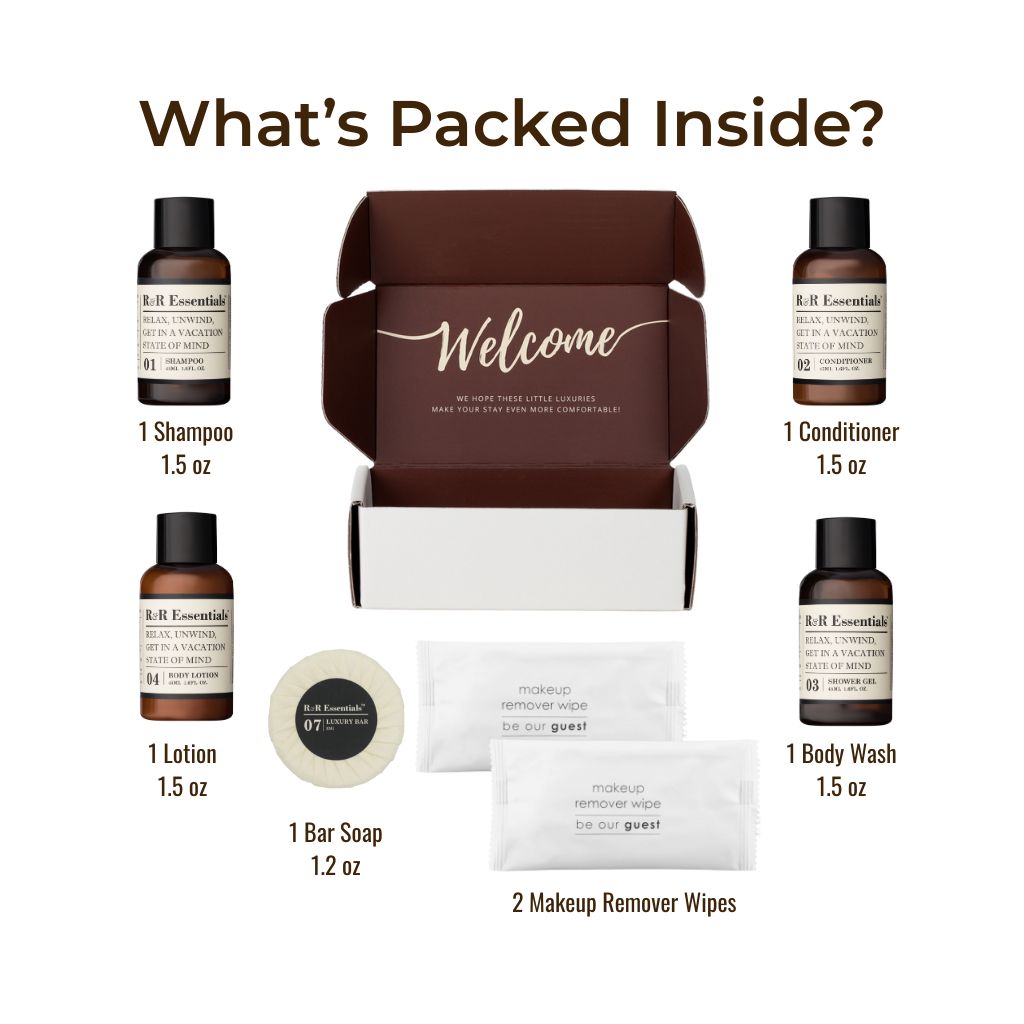 R&R Essentials Premium Hotel Toiletry Kits in Luxury Display Boxes - Travel Size Toiletries for Hotels, Gifts & Vacation Essentials