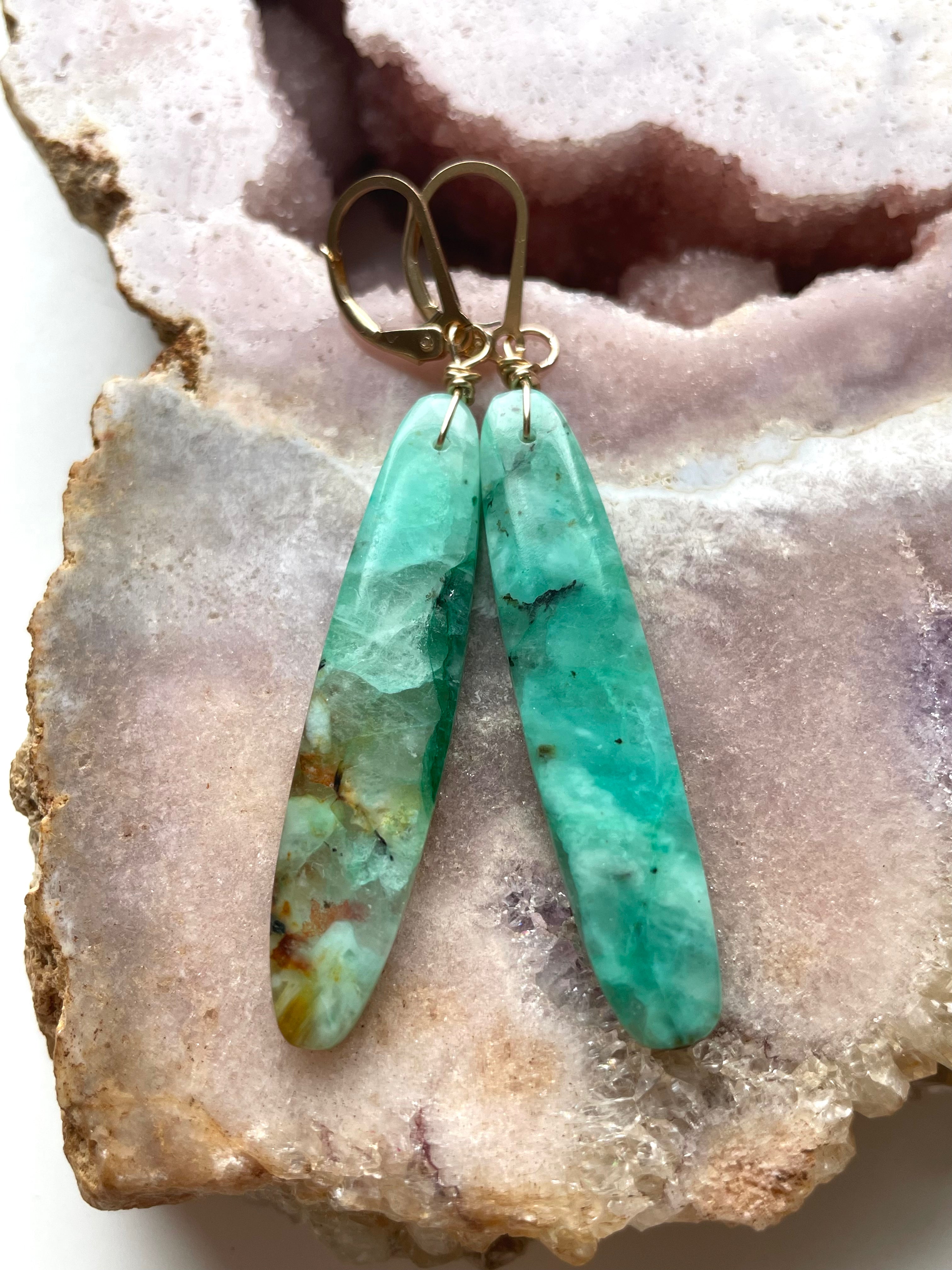 Chrysocolla Gold Filled Statement Crystal Gemstone Earrings for Women - Elegant Dangle Drop Earrings for Party, Wedding & Special Occasions