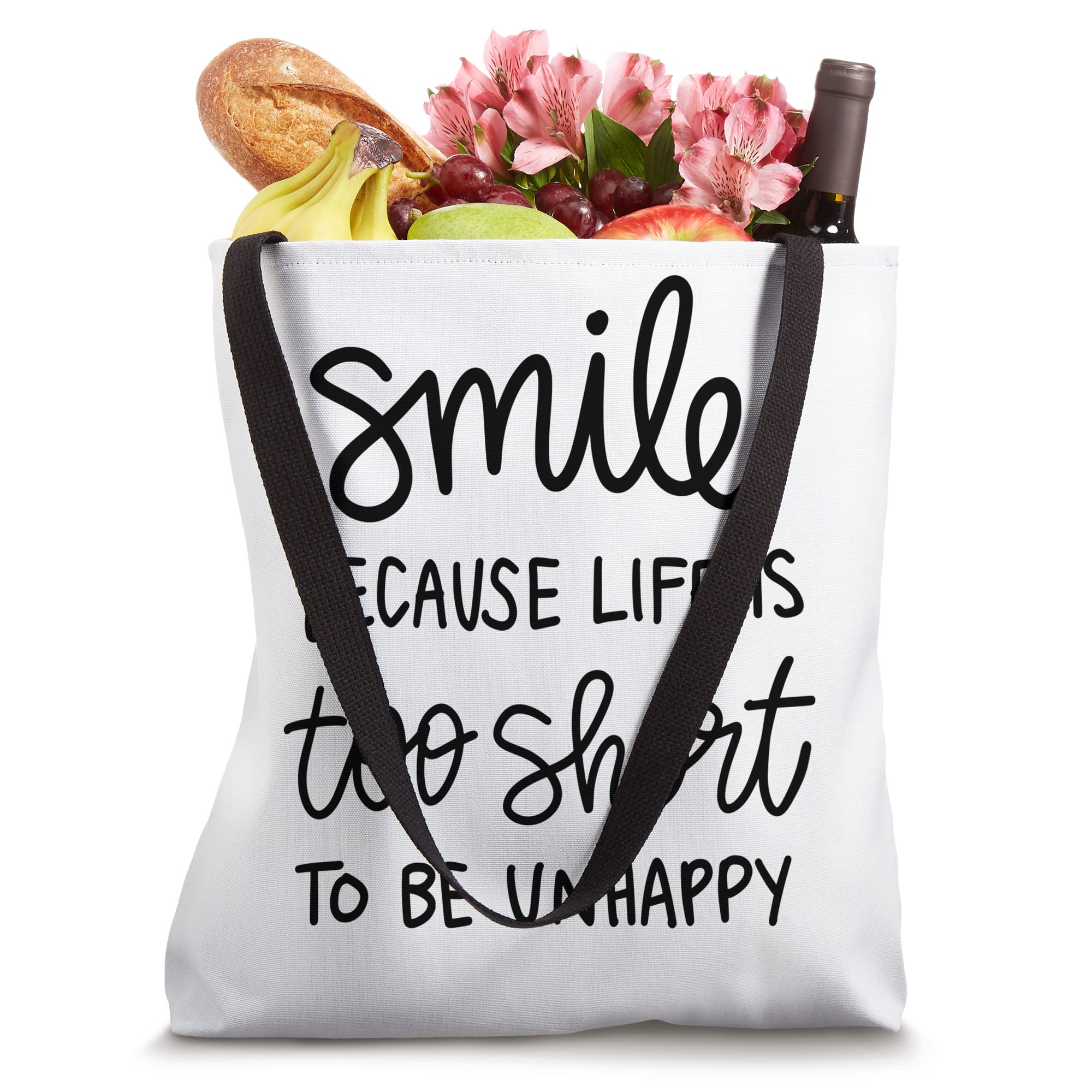 Life Is Too Short To Be Unhappy - Inspirational Positive Quote Tote Bag for Women, Motivational Grocery Shopping Bag, Gym & Beach Tote