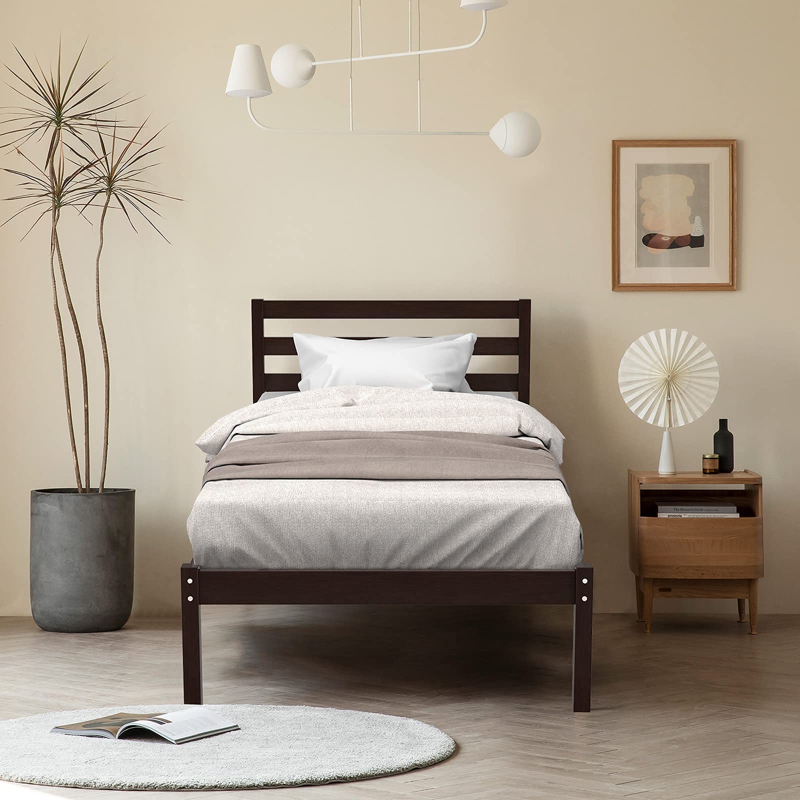 Giantex Solid Wood Platform Bed Frame with Paneled Headboard - Wood Slat Support, No Box Spring Needed - Twin Size Espresso Finish Mattress Foundation for Bedroom, Guest Room & Dormitory