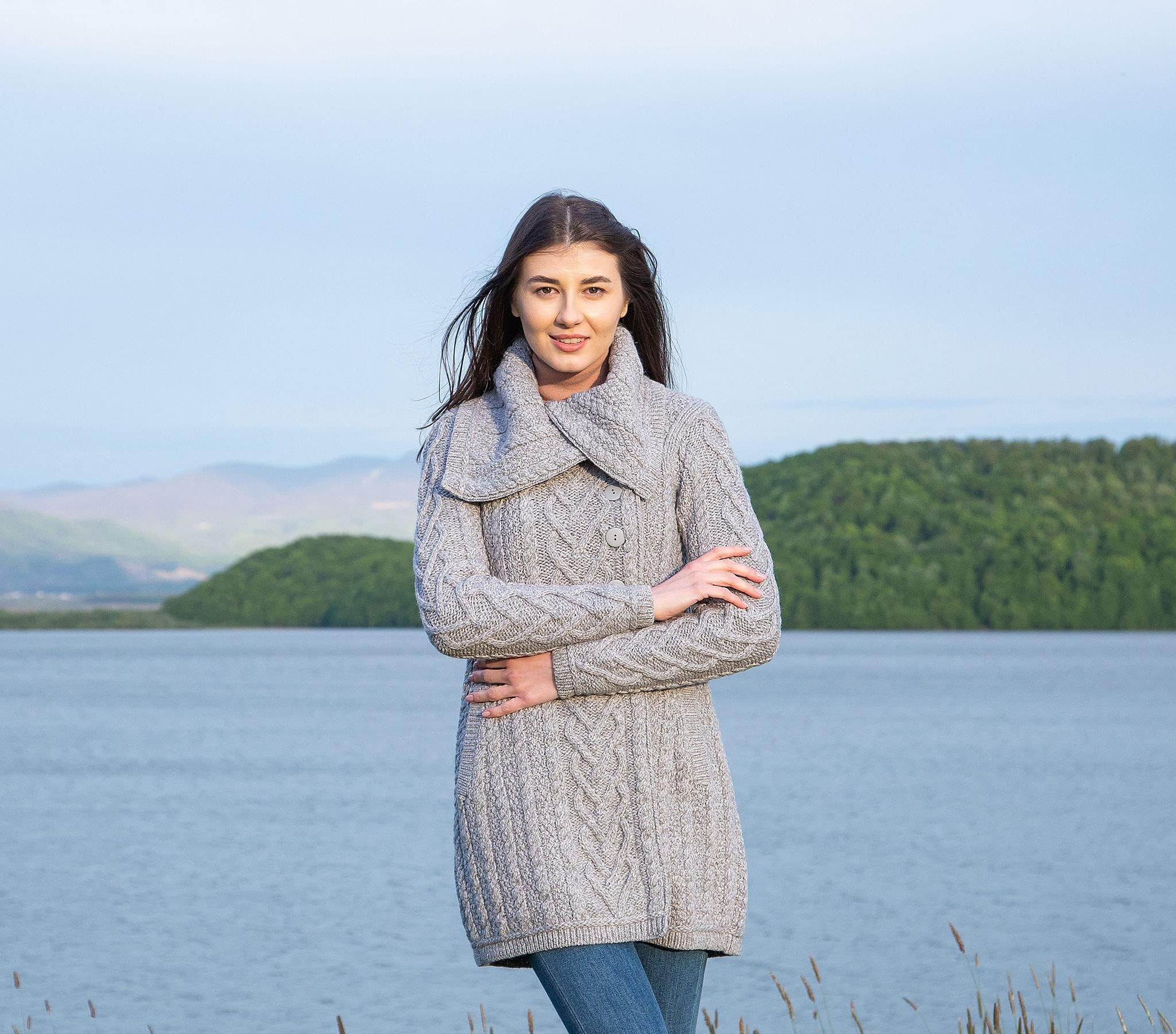 SAOL 100% Merino Wool Women's Classic Cable Knit Cardigan Sweater - Irish Coat with Pockets | Warm Winter Layering for Office, Travel & Casual Outfits