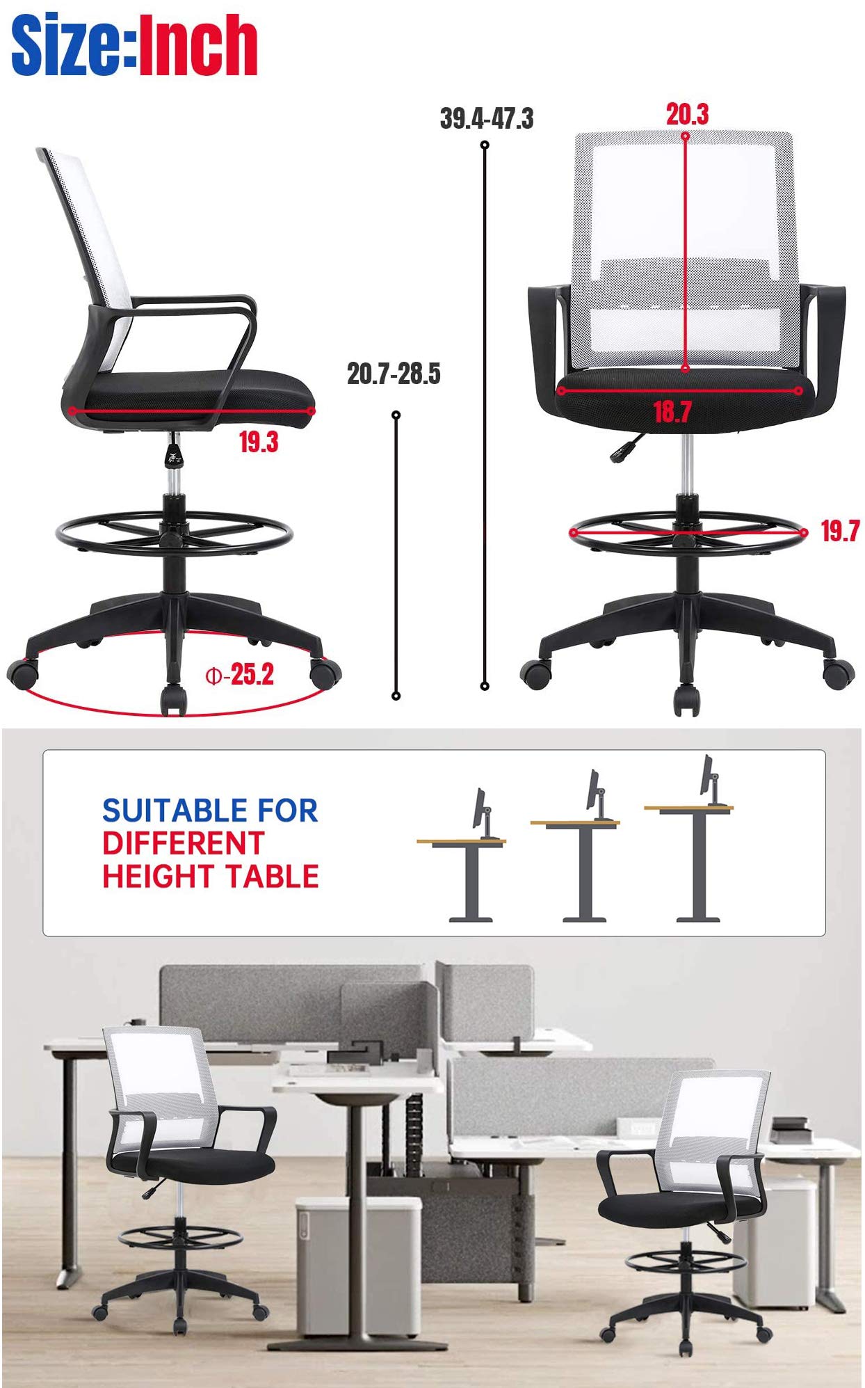 Ergonomic Adjustable Height Drafting Chair for Home Office - Tall Standing Desk Chair with Lumbar Support, Arms & Footrest - Mid Back Mesh Computer Chair with Swivel & Wheels - Perfect for Architects, Designers & Long Work Sessions (White)