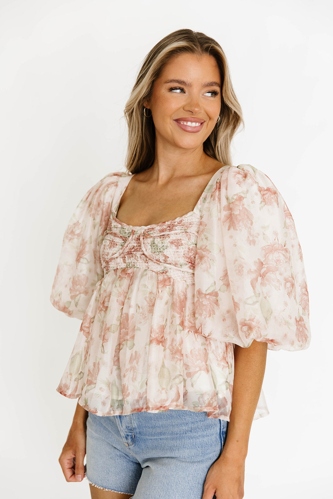 Saint Malo Floral Smocked Top for Women - Peach Blouse with Ruffled Sleeves & Elastic Waist - Perfect for Spring Outfits, Date Nights & Beach Vacations