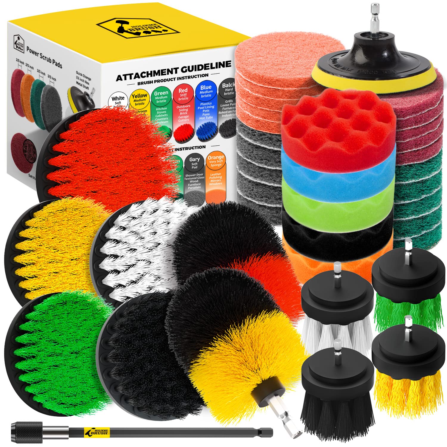 Holikme 38-Piece Drill Brush Attachments Set - Scrub Pads, Sponges & Buffing Pads for Car Polishing, Cleaning & Detailing | Power Scrubber Brush Kit with Long Extension for Deep Cleaning Cars, Boats, RVs & Household Surfaces