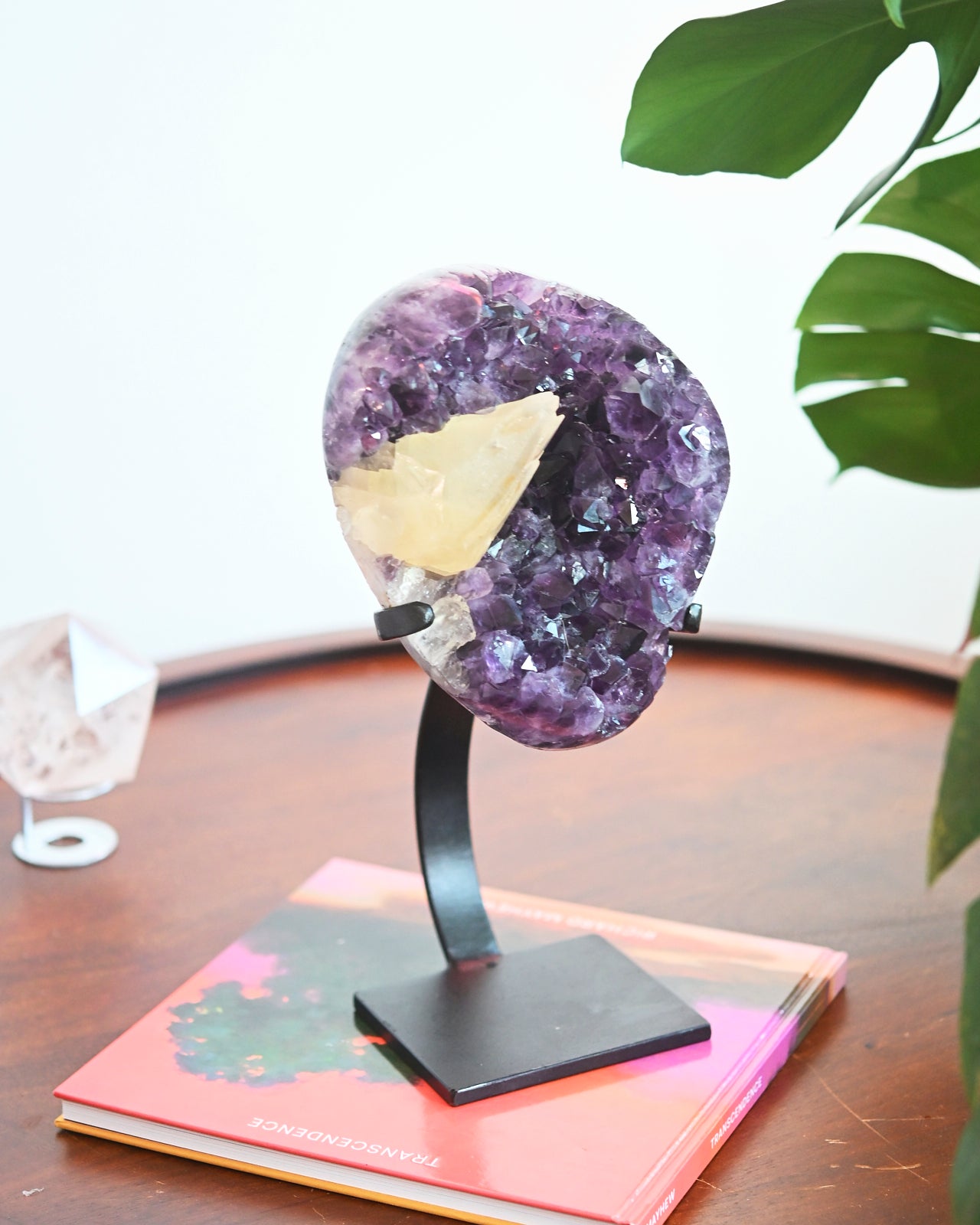 Natural Amethyst with Calcite Geode on Wooden Stand - 8.8 lbs Healing Crystal for Home Decor, Meditation & Spiritual Gifts | Perfect for Living Room, Office & Yoga Space