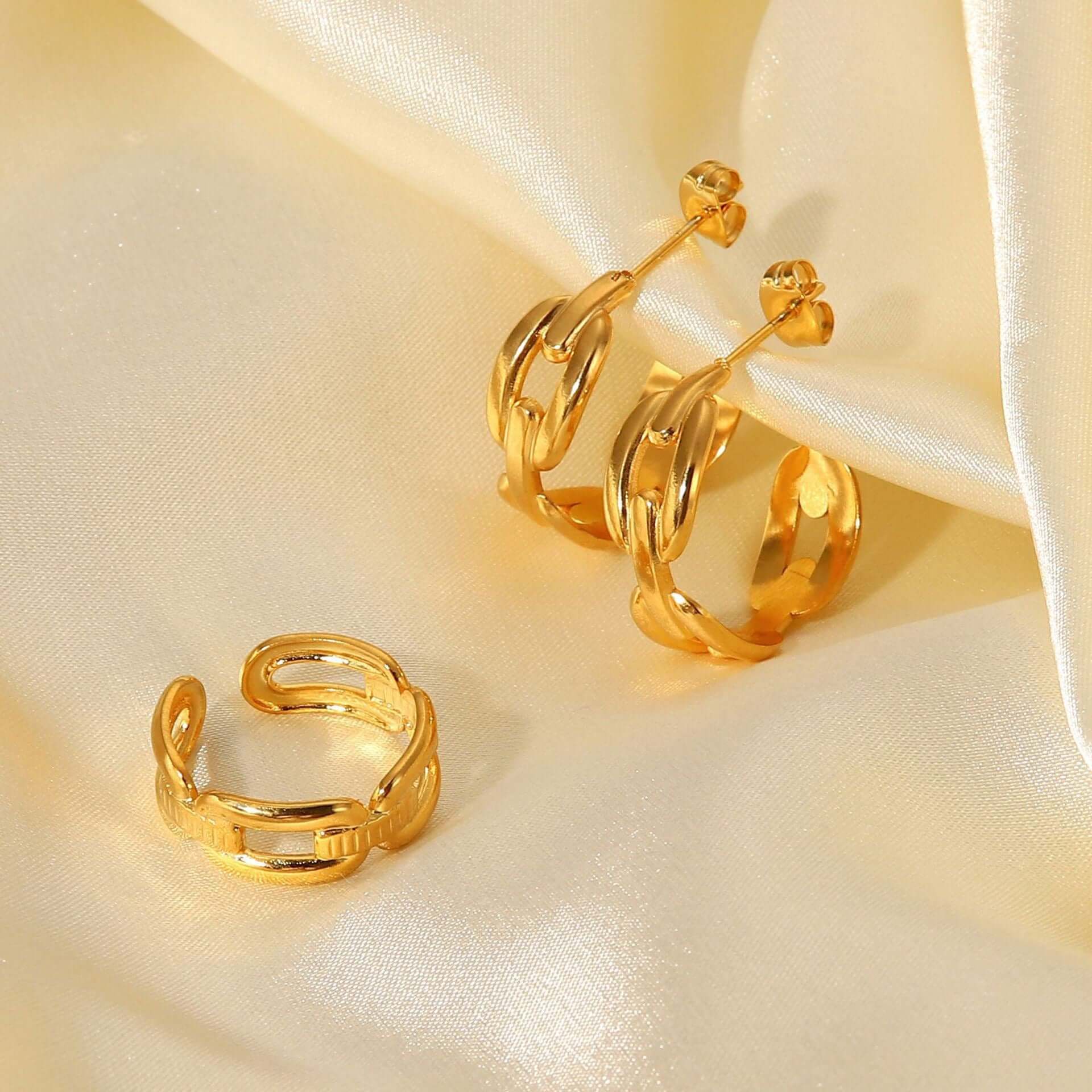 18K Gold Plated Hollow Connected Chain C Hoop Earrings & Ring Set - Trendy Jewelry for Women | Perfect for Parties, Weddings & Everyday Wear | JDE835
