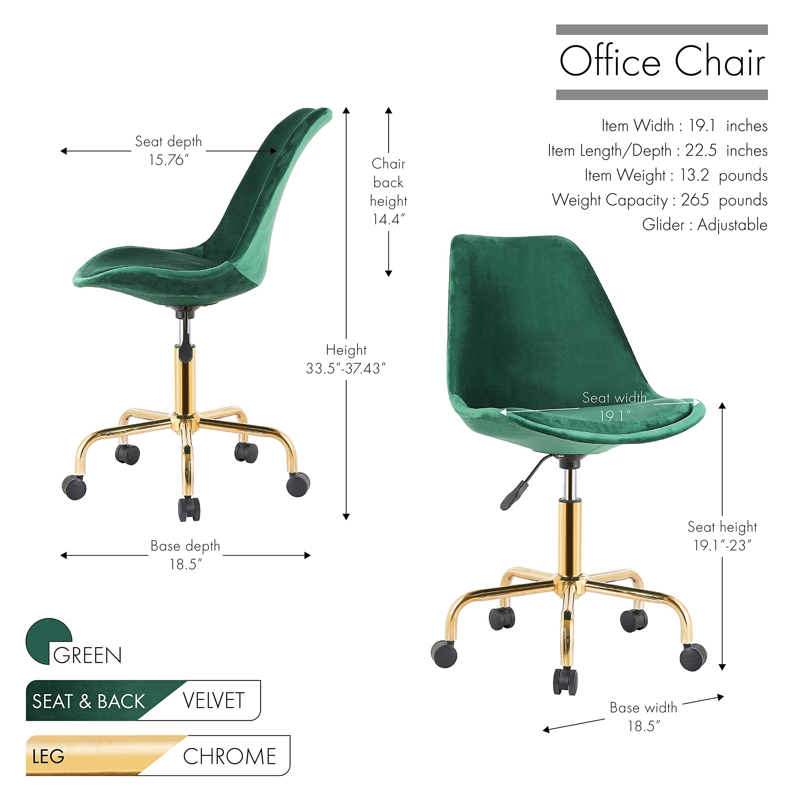 Porthos Home Ally Velvet Office Chair - Soft Velvet Upholstery with Gold Chrome Legs & Roller Caster Wheels, Adjustable Seat & 360° Swivel - Ergonomic Desk Chair for Home Office, Studio & Small Workspace - Perfect for Zoom Meetings & Long Work Sessions