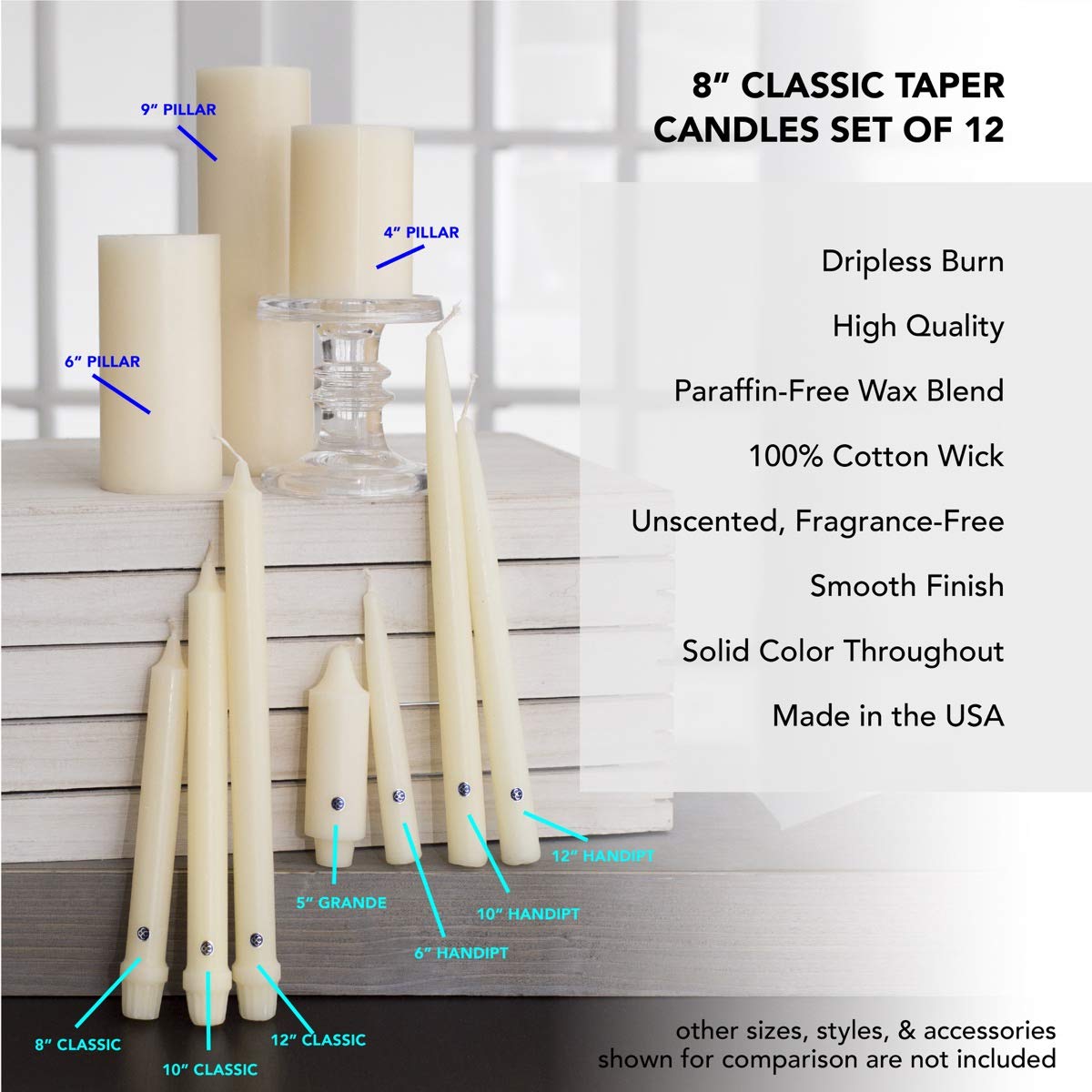 Colonial Candle Unscented Taper Candles - Handipt Collection Ivory 10-Inch (Pack of 12) - 8 Hour Burn Time - Perfect for Dining Tables, Weddings & Home Decor