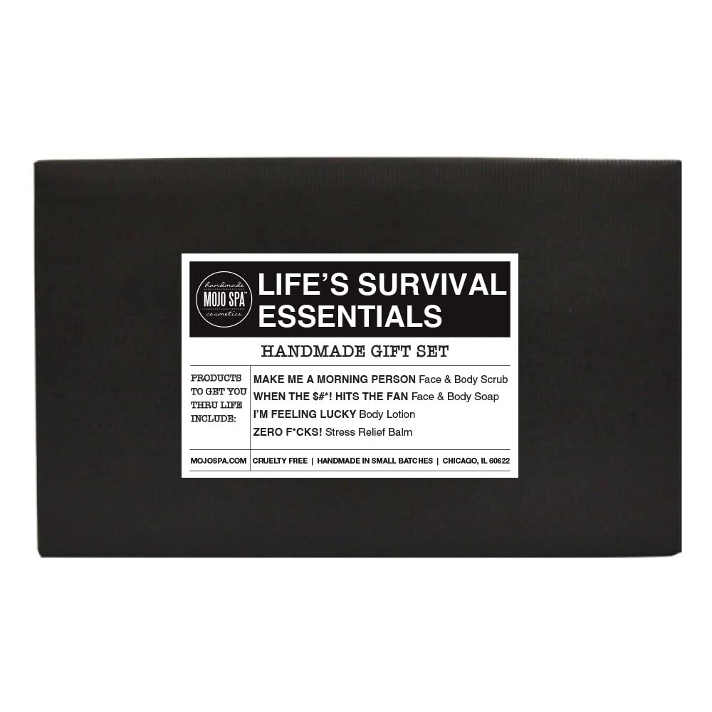 Mojo Spa Life's Survival Essentials Large Gift Set - 4 Handmade Natural Bath & Body Products: Face & Body Scrub, Lotion, Soap & Balm | Perfect for Self-Care, Spa Days & Thoughtful Gifting