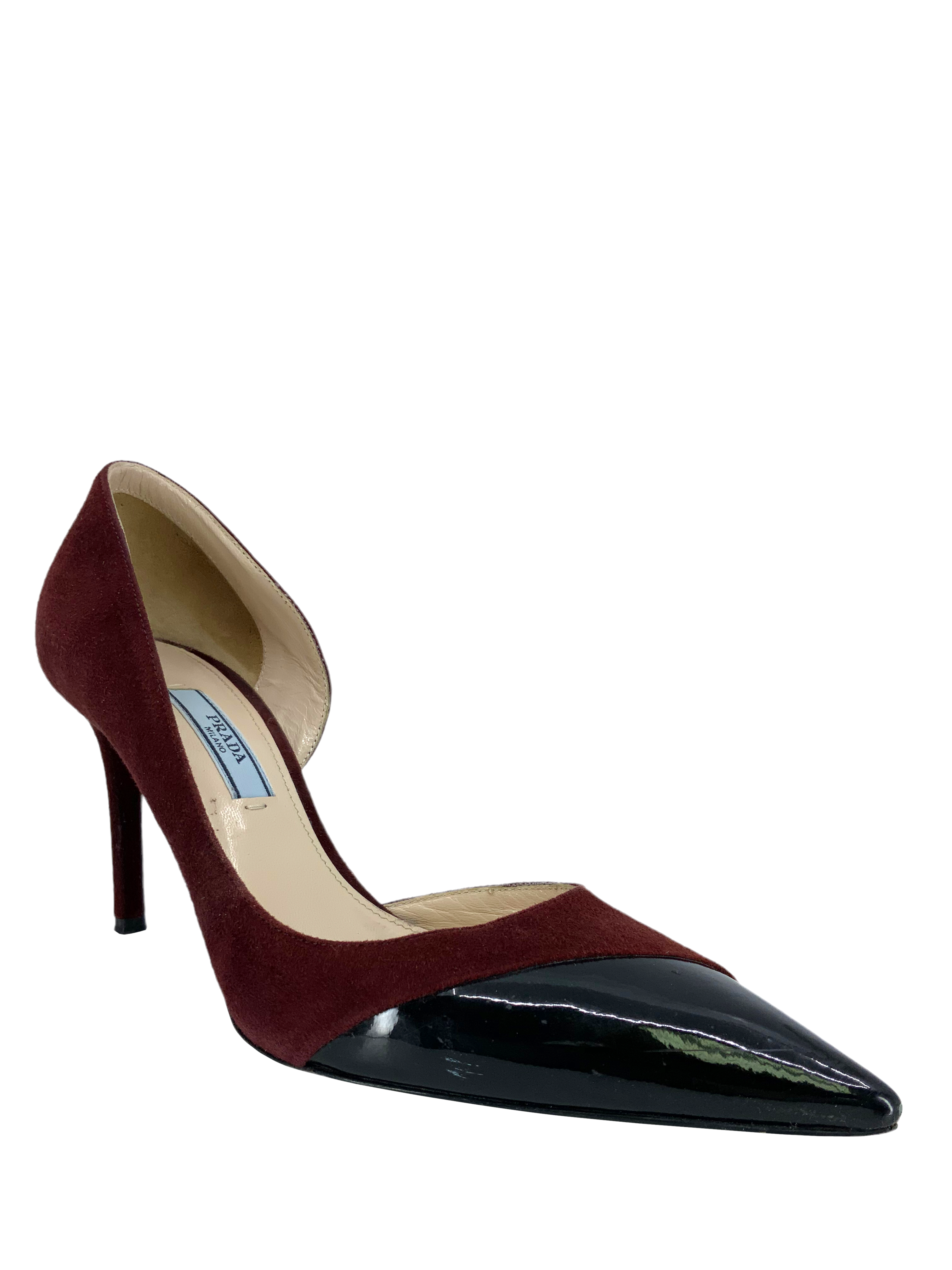 Prada Suede and Patent Leather Half d'Orsay Pumps Women's Size 6.5 - Elegant Heels for Office, Party & Special Occasions