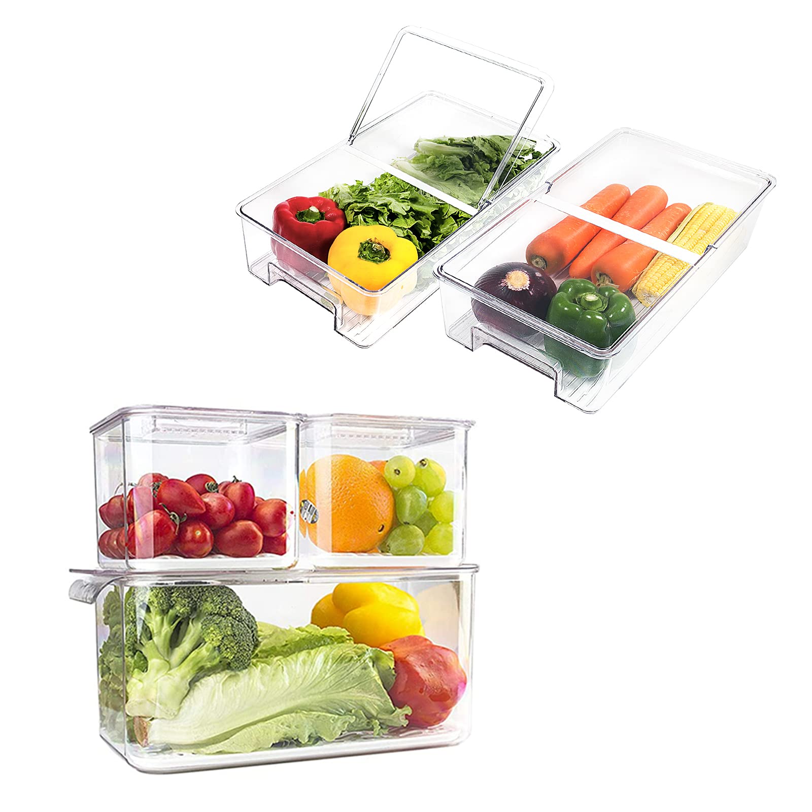 Elabo Airtight Food Storage Containers - Stackable Refrigerator Organizer Bins with Lids & Drain Tray for Vegetables, Fruits, Berries | Perfect for Meal Prep, Fridge Organization & Fresh Produce Storage