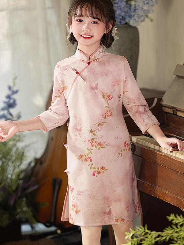 Pink Floral Suede Cheongsam Dress for Girls | Traditional Chinese Qipao Winter Dress | Perfect for Chinese New Year, Holiday Parties & Cultural Events