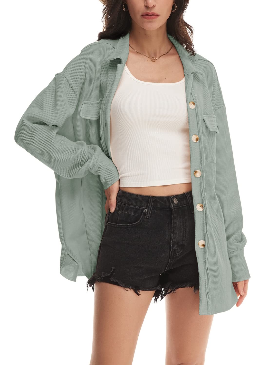 Nirovien Women's Waffle Knit Oversized Shacket - Lightweight Button Down Shirt Jacket for Spring & Fall | Casual Outerwear, Layering Piece, Workwear, Weekend Outfits