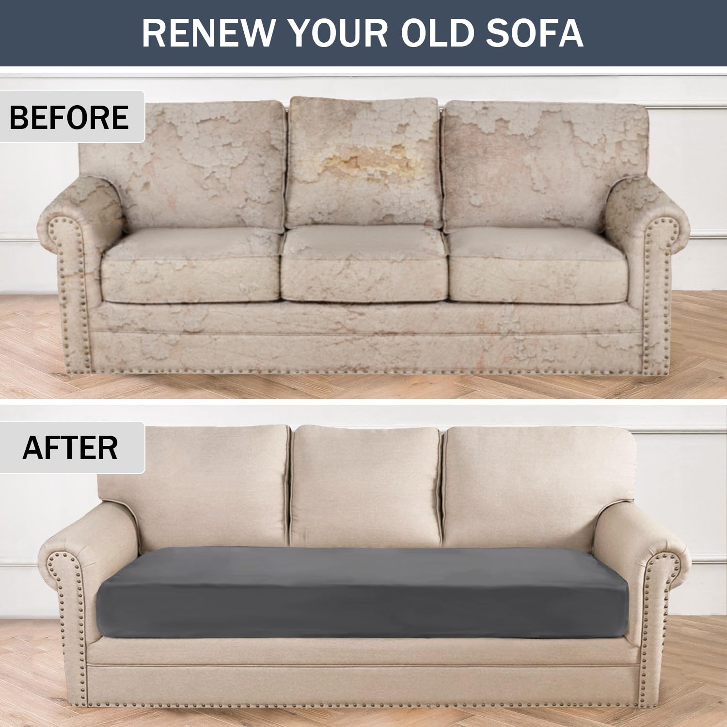 Soft Velvet Plush Stretch Cushion Cover - Elastic Bottom Sofa Slipcover for Loveseat & Couch (Large, Dark Grey) | Furniture Protector for Living Room, Bedroom & Office Decor